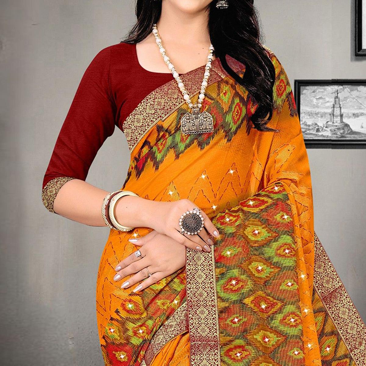 Yellow Printed With Embellished Brasso Saree - Peachmode