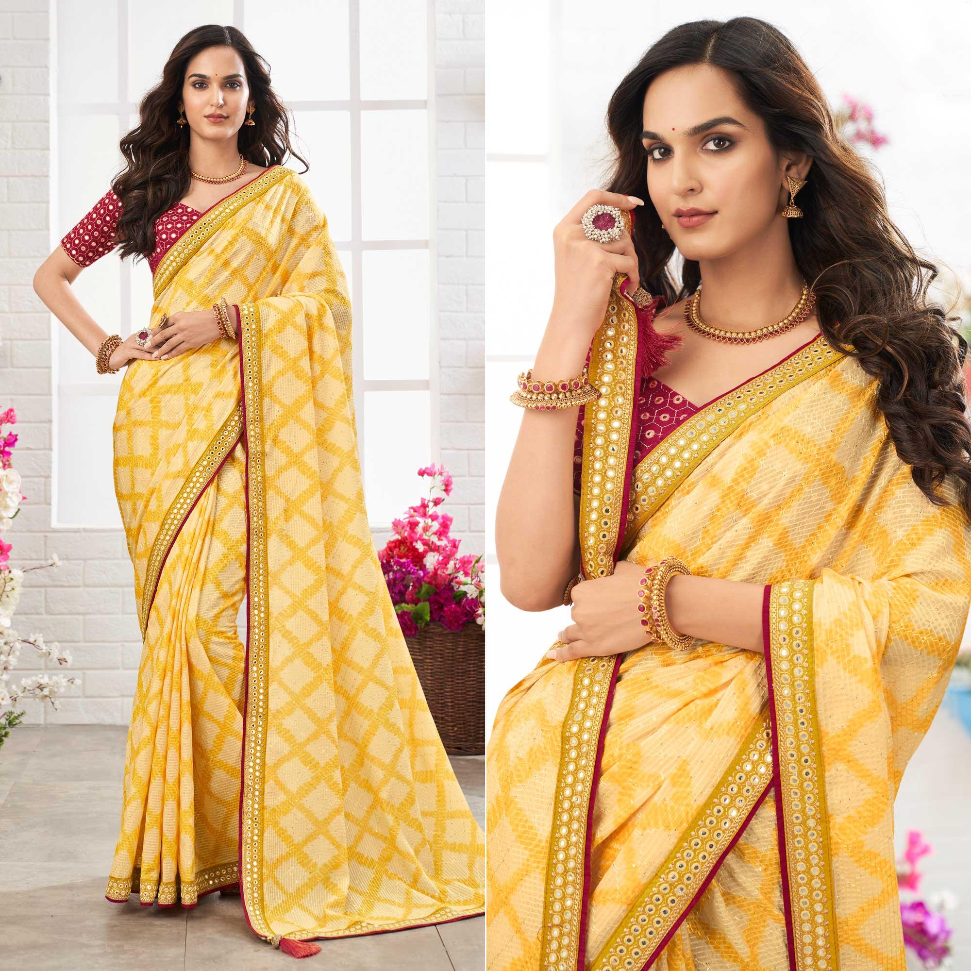 Yellow Printed With Embellished Chiffon Saree With Tassels - Peachmode