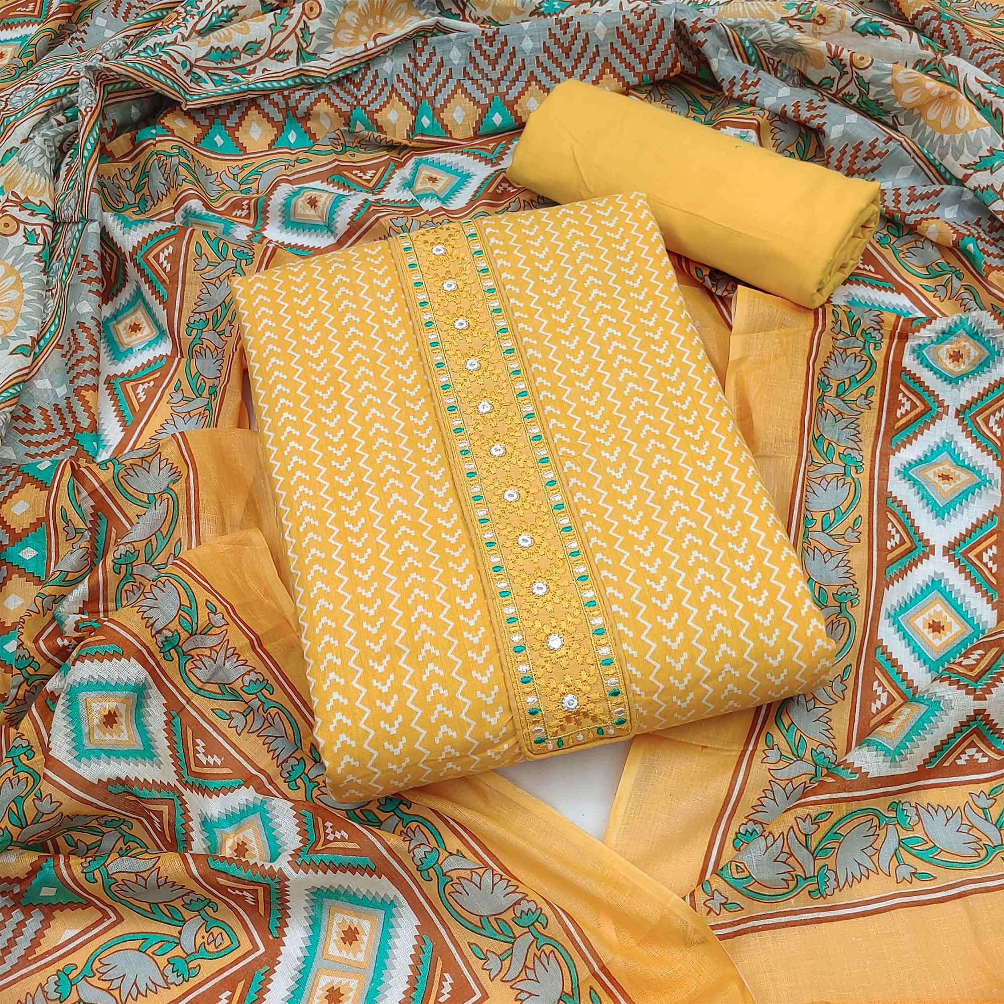 Yellow Printed With Embroidered Cotton Blend Dress Material - Peachmode