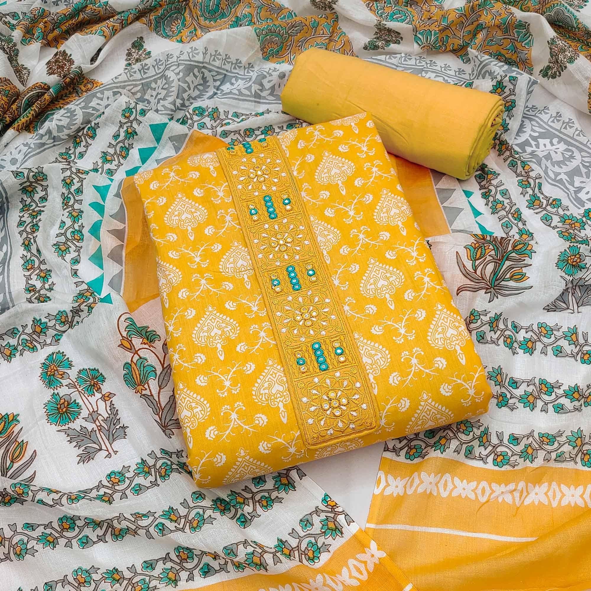 Yellow Printed With Embroidered Cotton Blend Dress Material - Peachmode