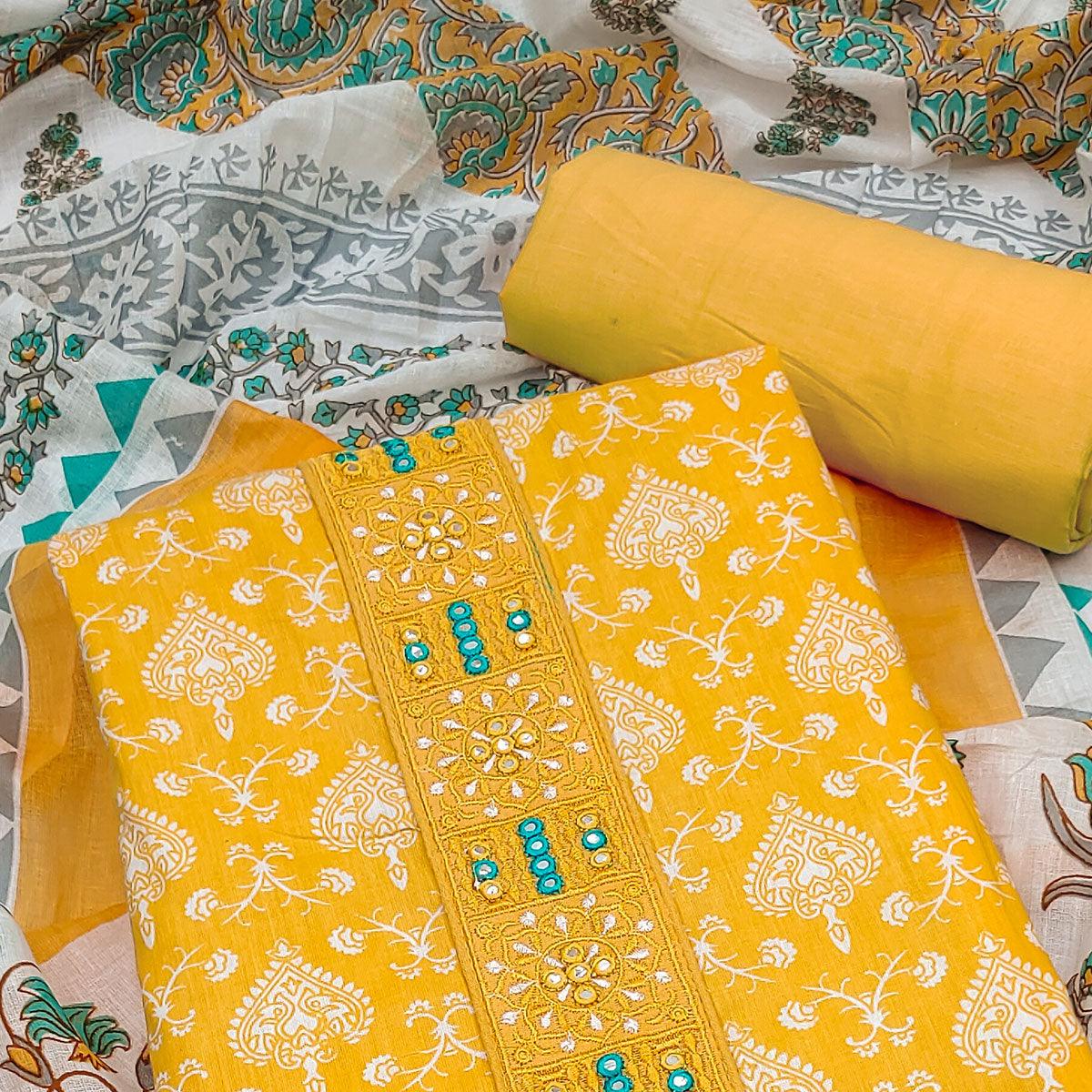 Yellow Printed With Embroidered Cotton Blend Dress Material - Peachmode