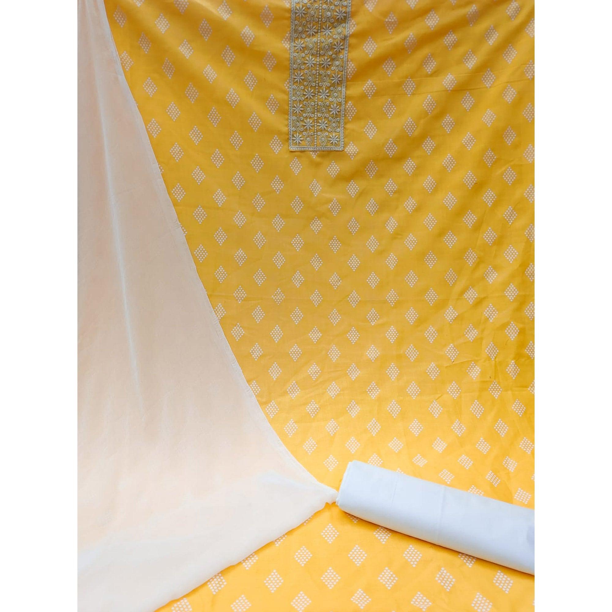 Yellow Printed With Embroidered Cotton Blend Dress Material - Peachmode