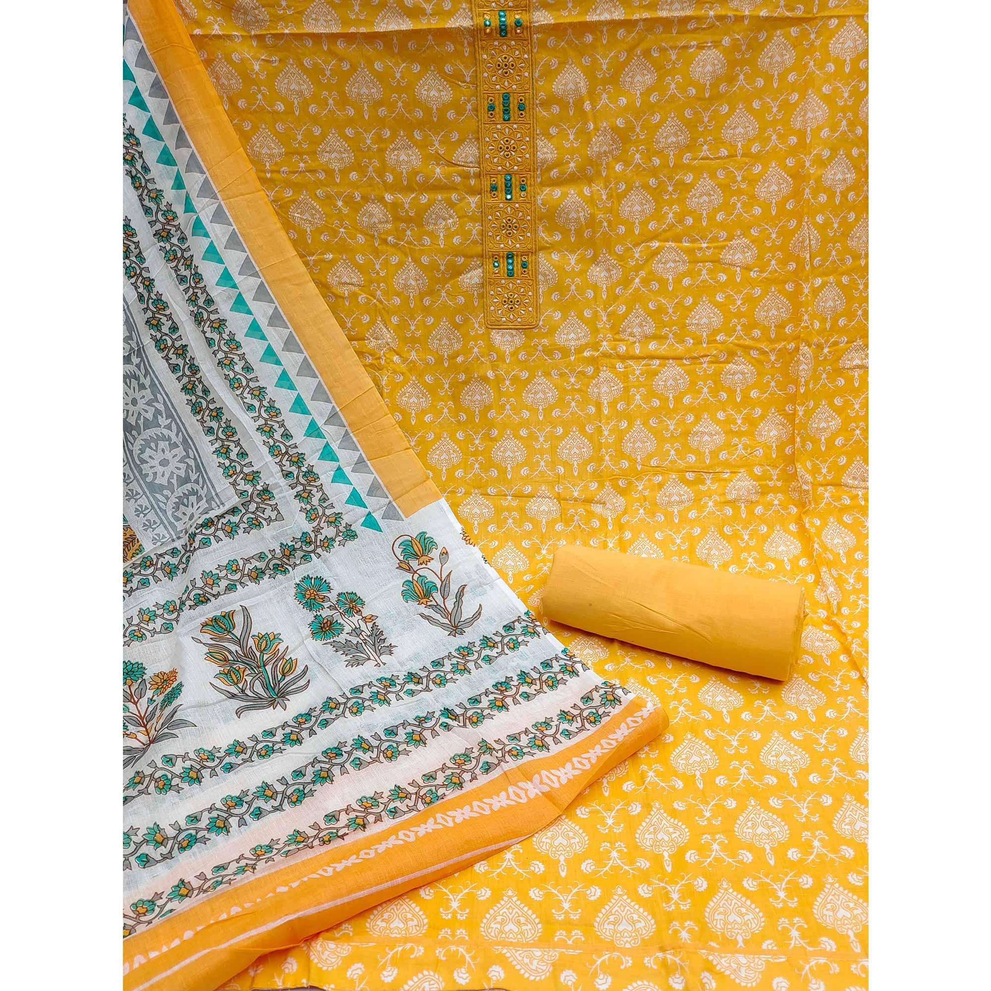 Yellow Printed With Embroidered Cotton Blend Dress Material - Peachmode