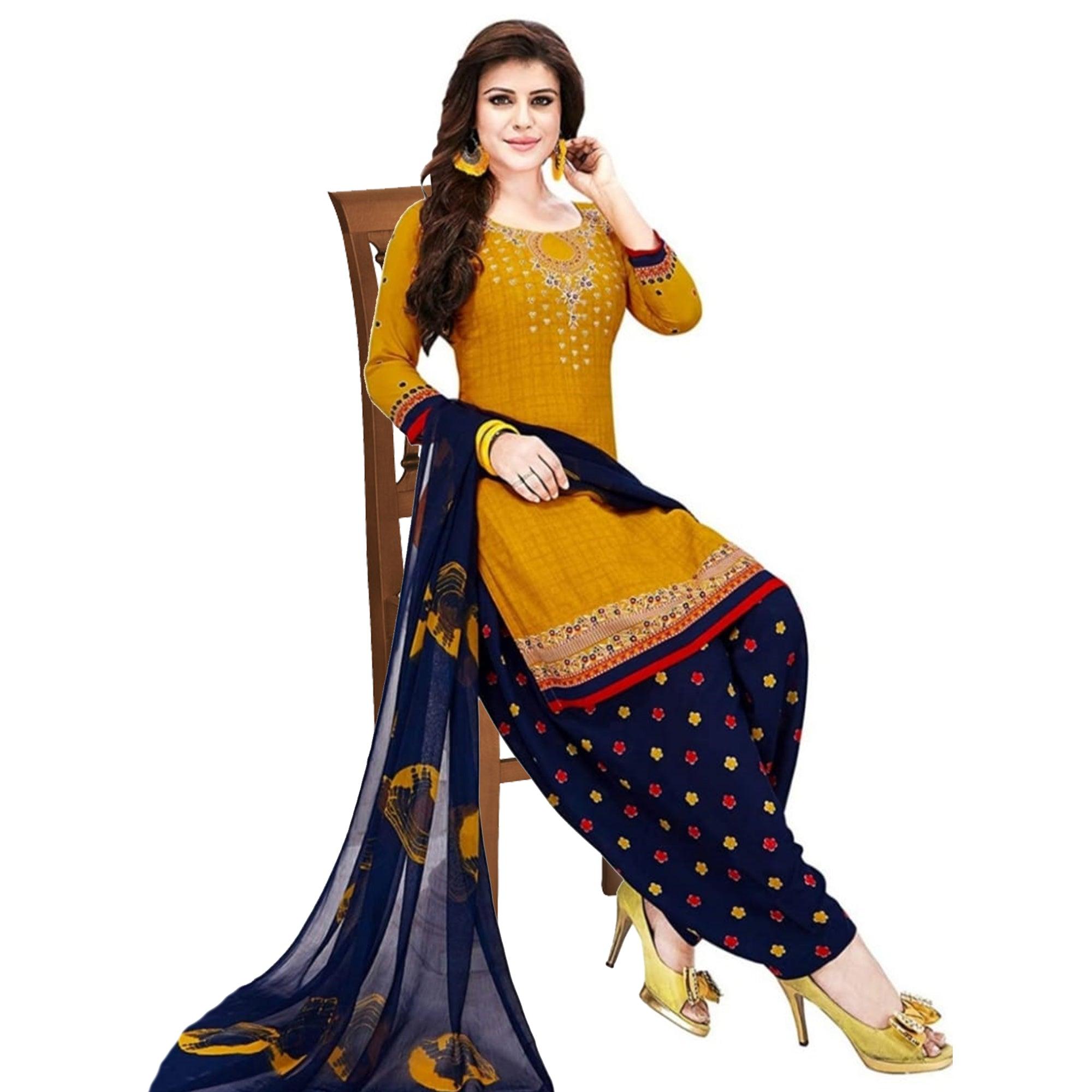 Yellow Printed With Embroidered Crepe Patiala Dress Material - Peachmode