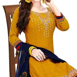 Yellow Printed With Embroidered Crepe Patiala Dress Material - Peachmode