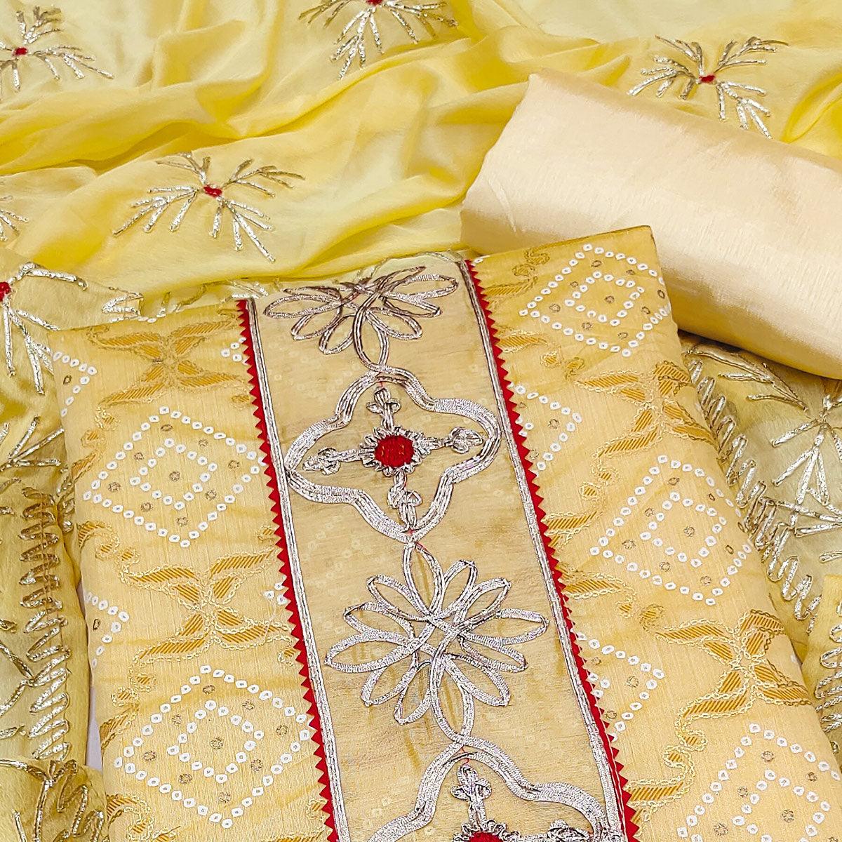 Yellow Printed With Embroidered Poly Cotton Dress Material - Peachmode