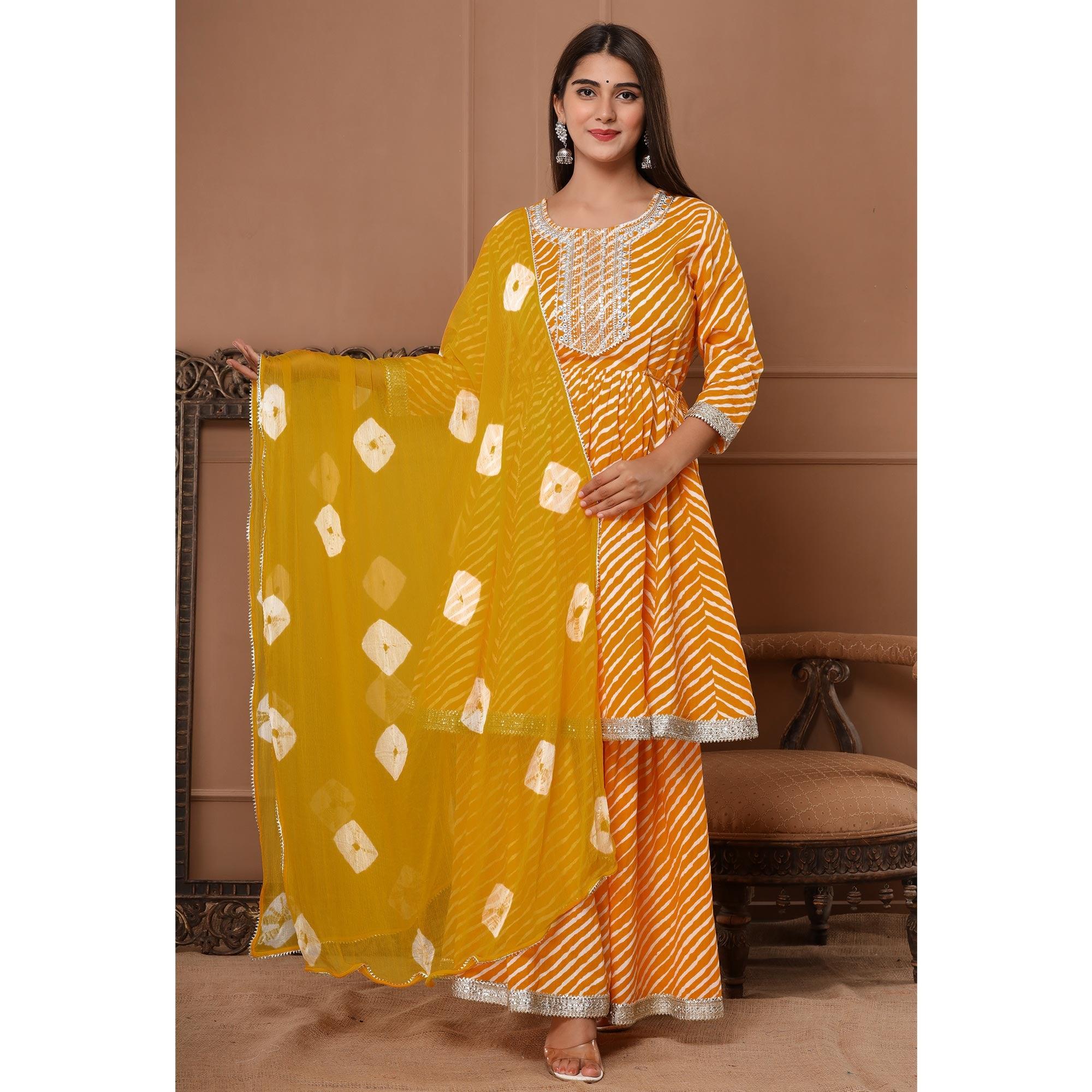 Yellow Printed With Embroidered Pure Cotton Sharara Suit - Peachmode