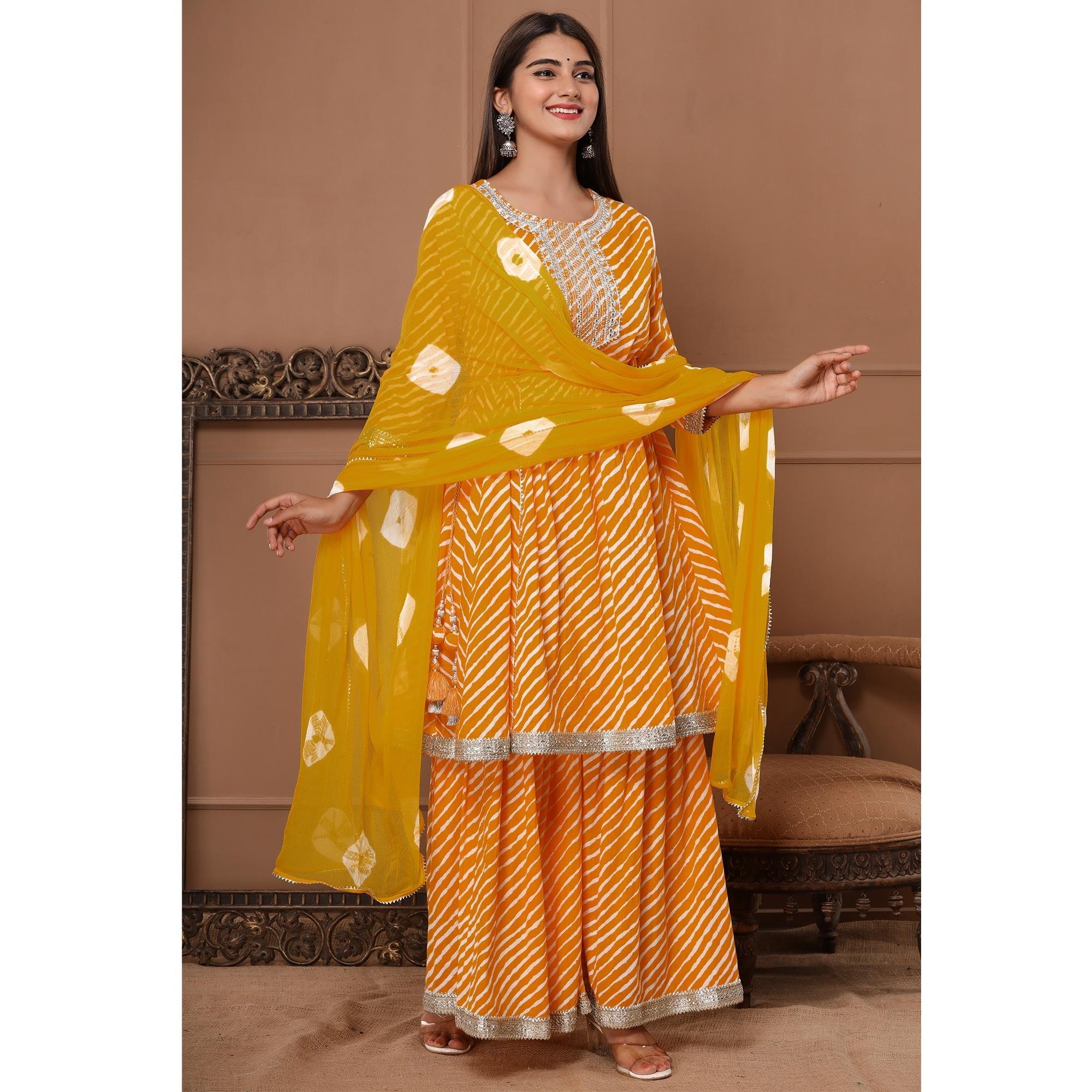 Yellow Printed With Embroidered Pure Cotton Sharara Suit - Peachmode
