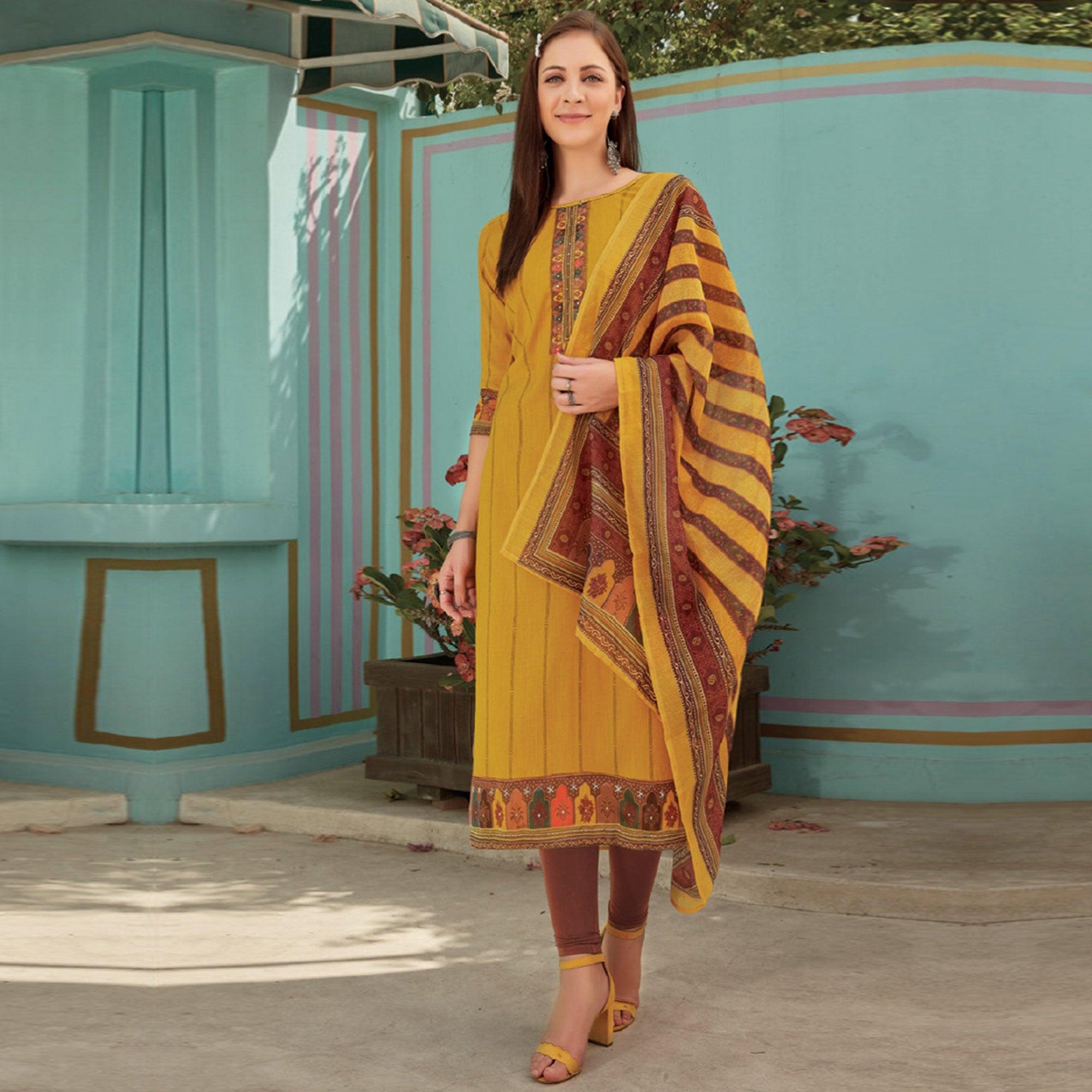Yellow Printed With Embroidery Tapetta Silk Kurti With Dupatta - Peachmode