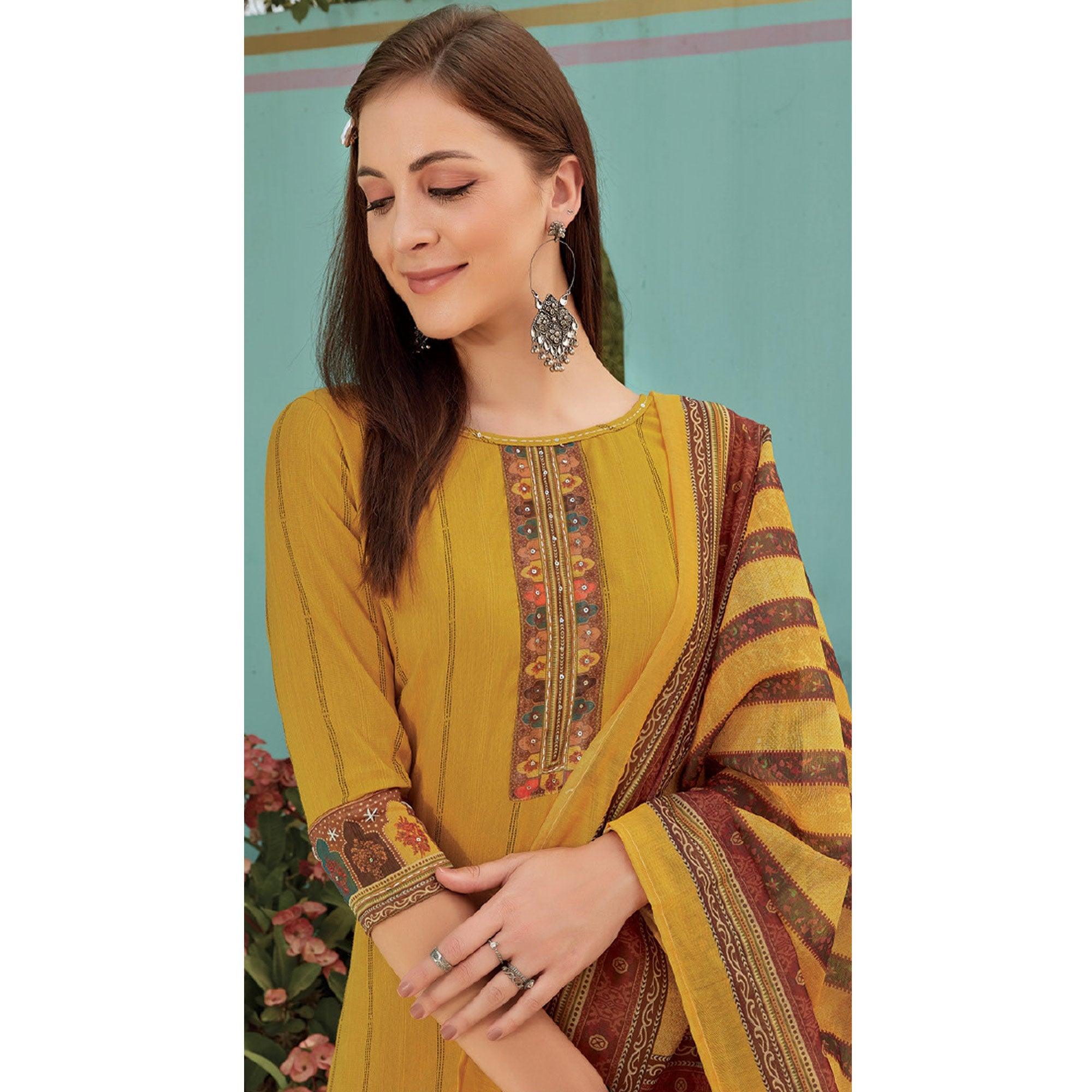 Yellow Printed With Embroidery Tapetta Silk Kurti With Dupatta - Peachmode