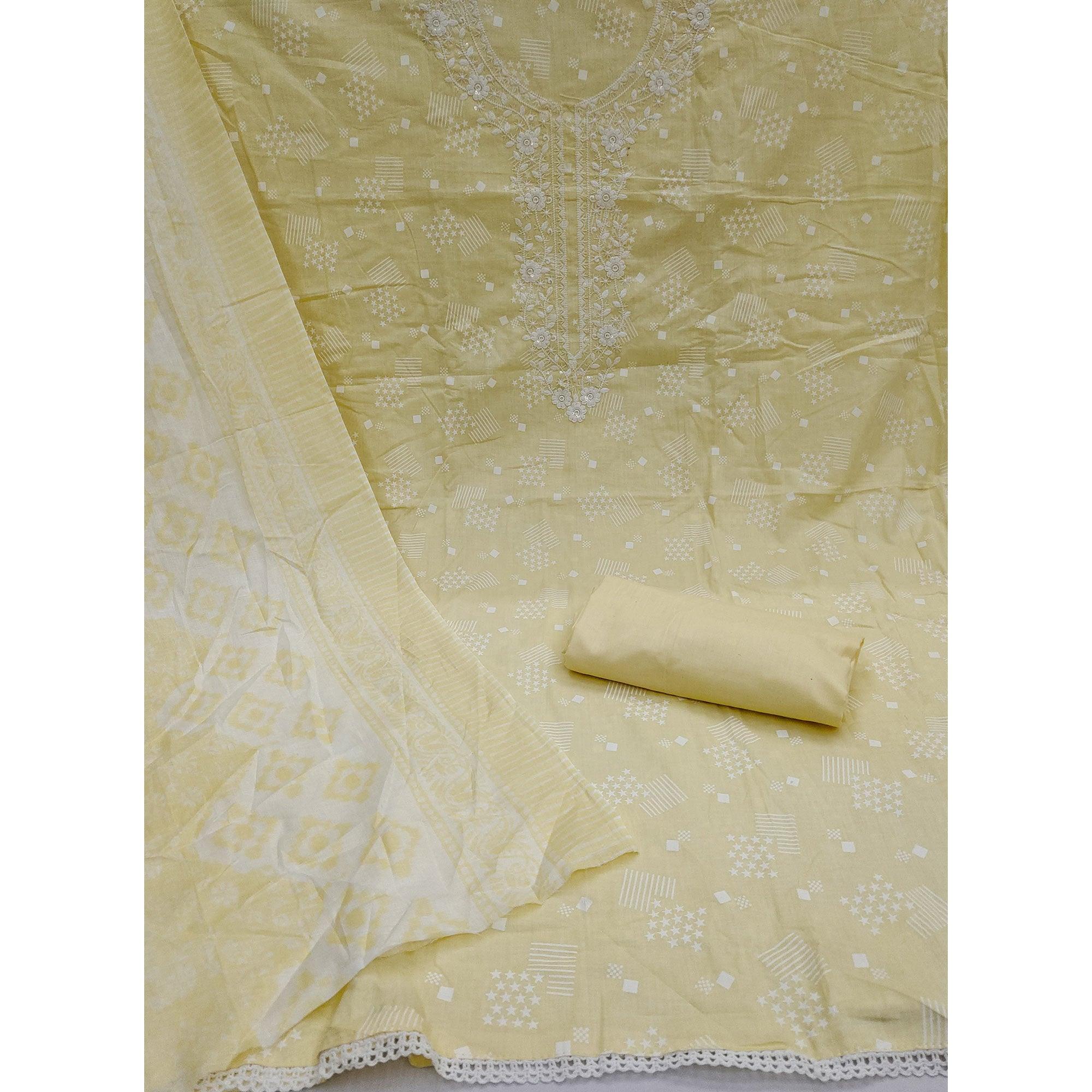 Yellow Printed With Floral Embroidered Pure Cotton Dress Material - Peachmode