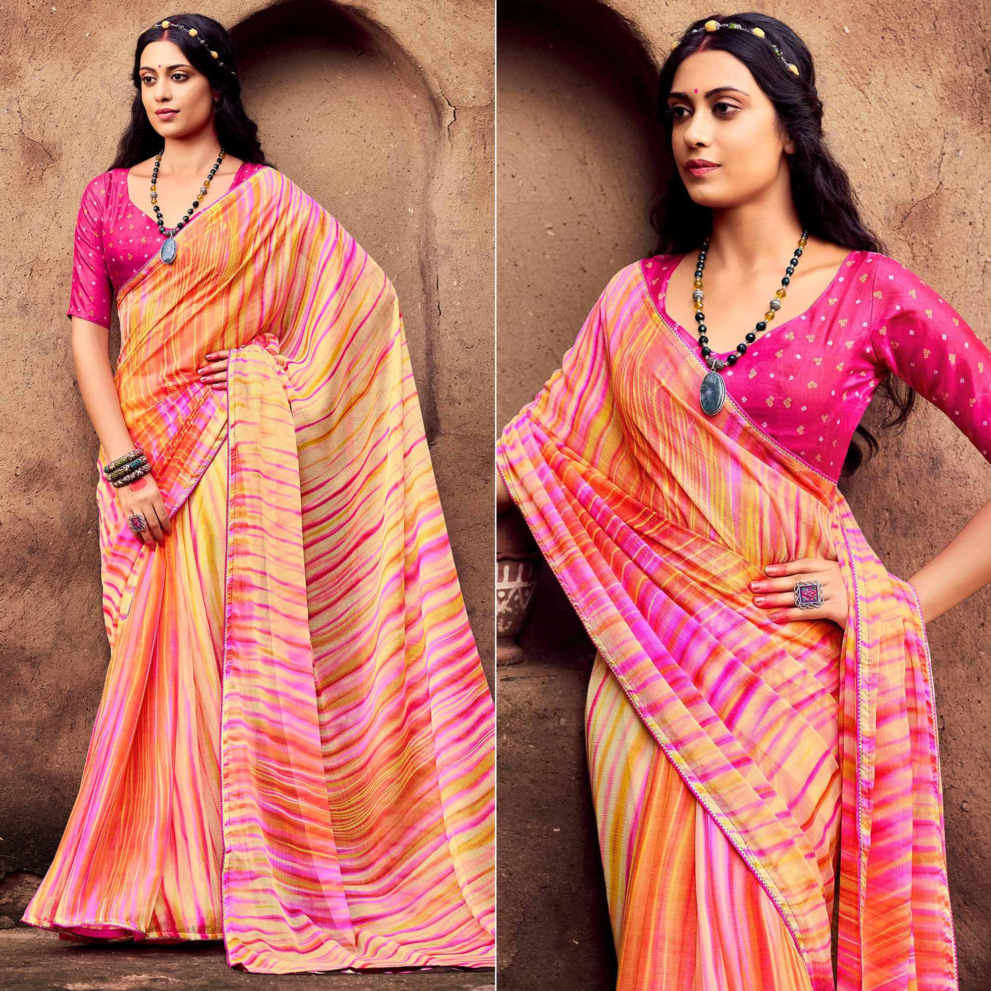 Yellow Printed With Gota Patti Border Chiffon Saree - Peachmode