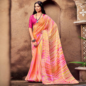 Yellow Printed With Gota Patti Border Chiffon Saree - Peachmode