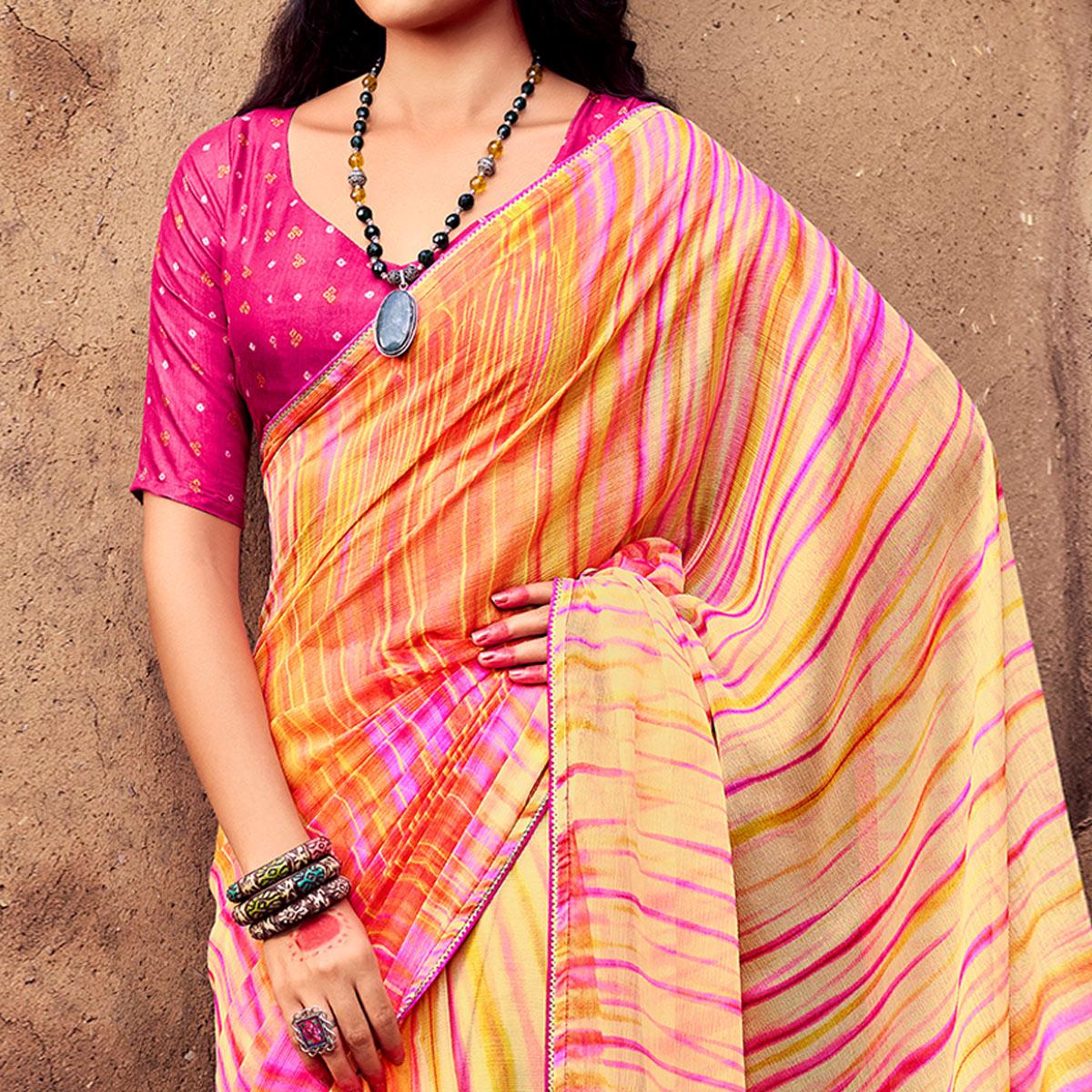 Yellow Printed With Gota Patti Border Chiffon Saree - Peachmode