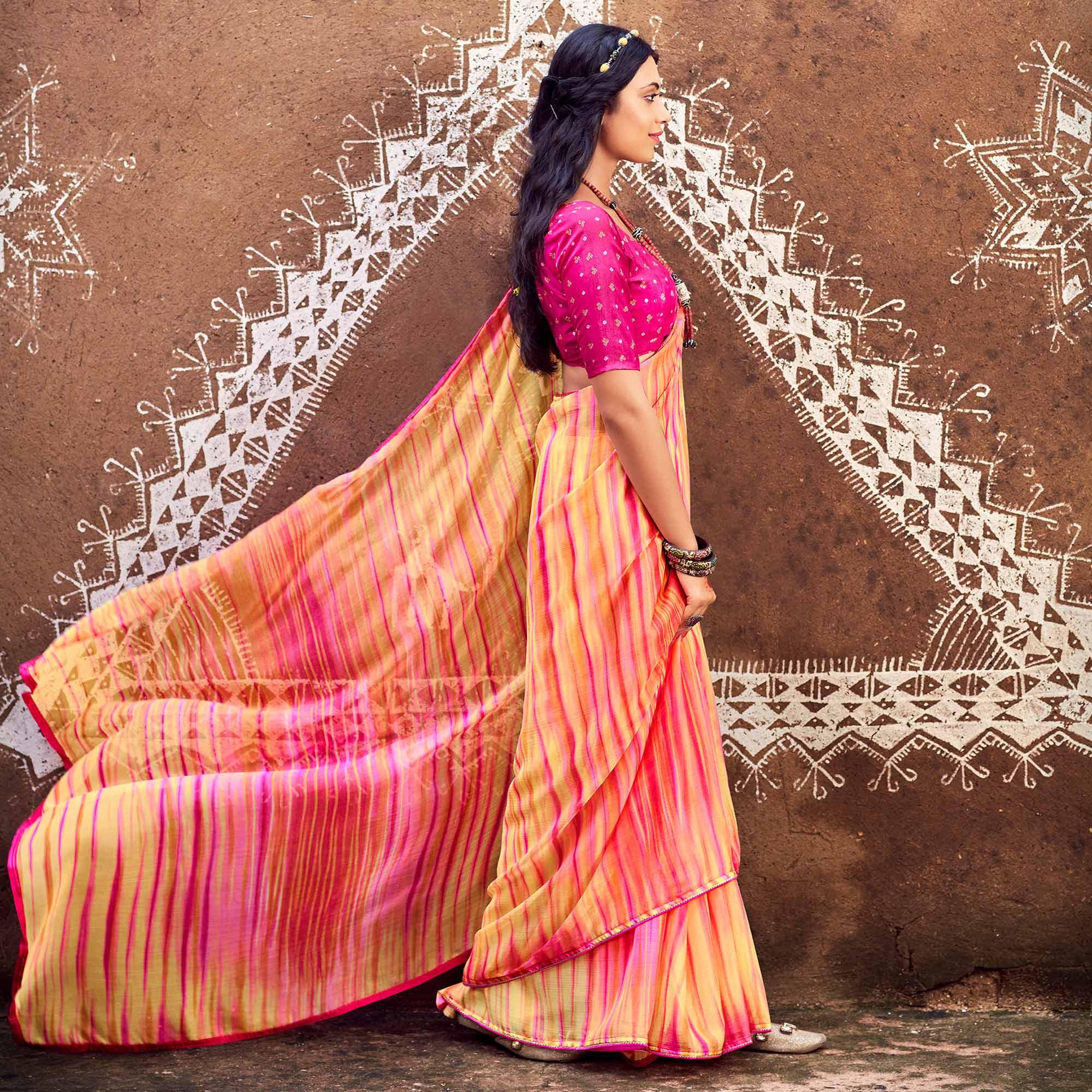 Yellow Printed With Gota Patti Border Chiffon Saree - Peachmode