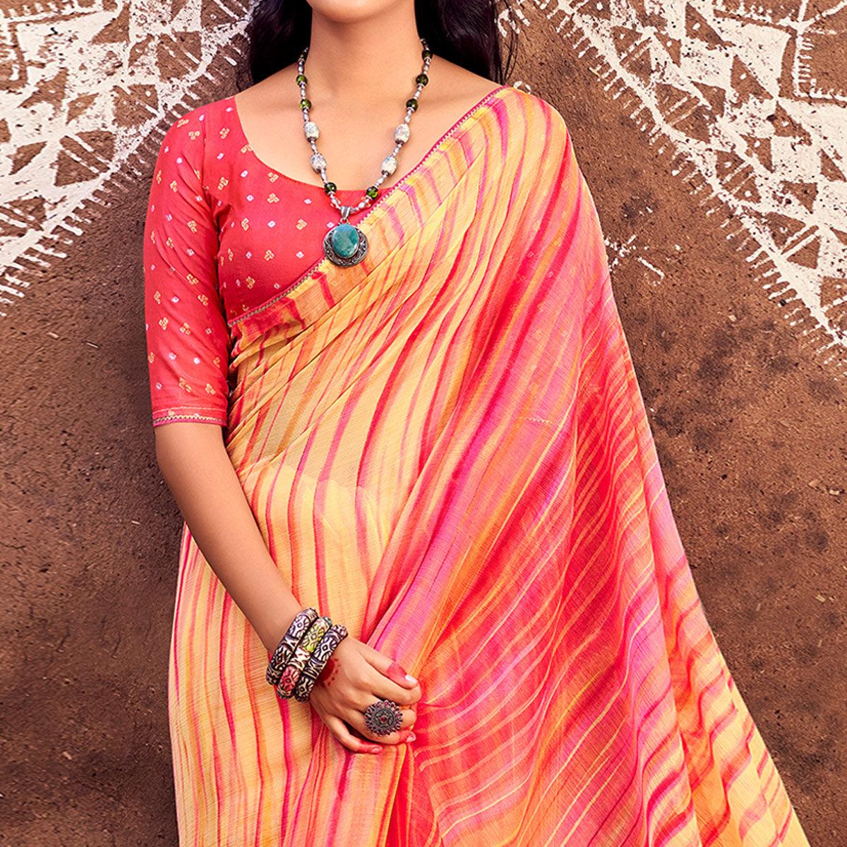 Yellow Printed With Gota Patti Border Chiffon Saree - Peachmode