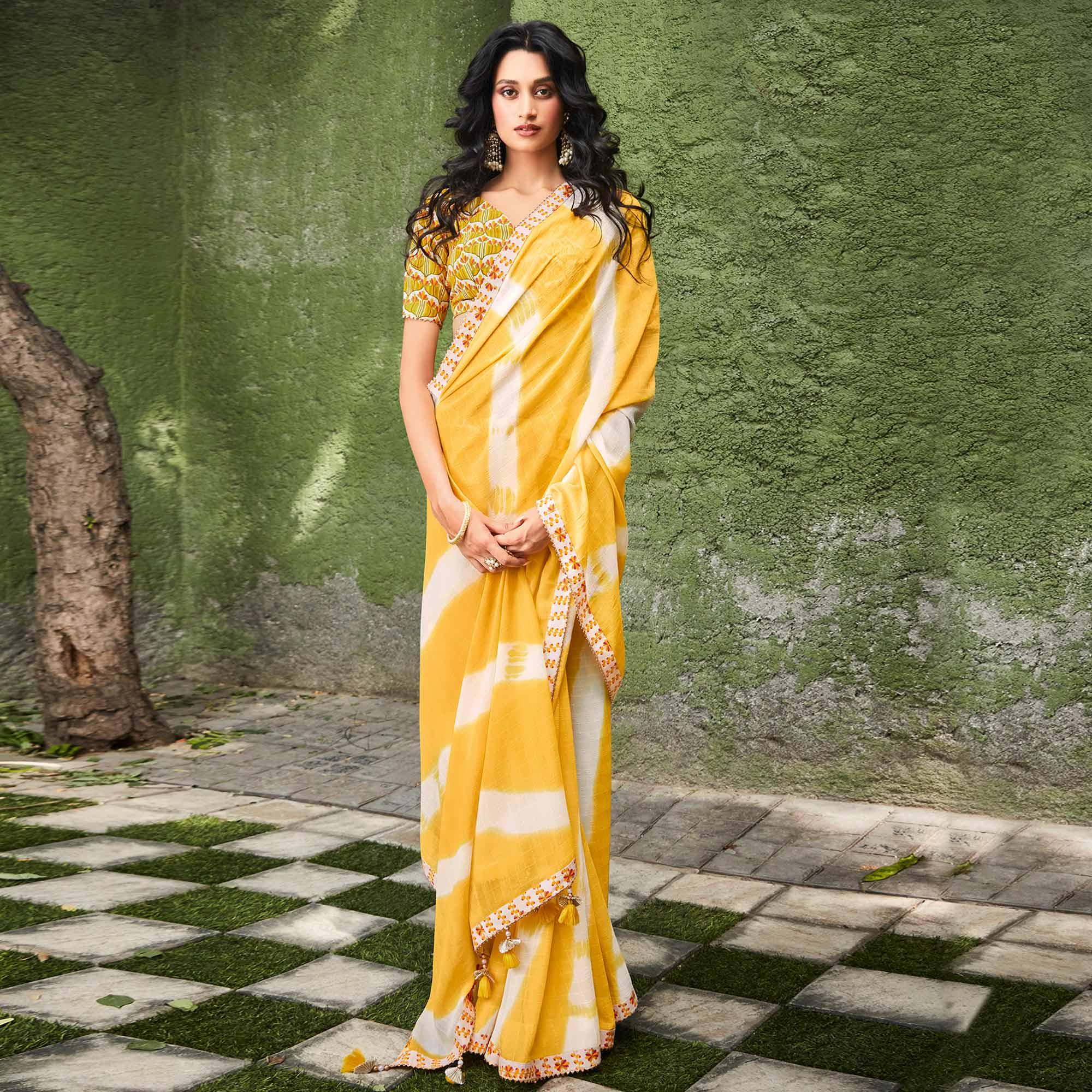 Yellow Printed With Gota Patti Border Georgette Saree - Peachmode