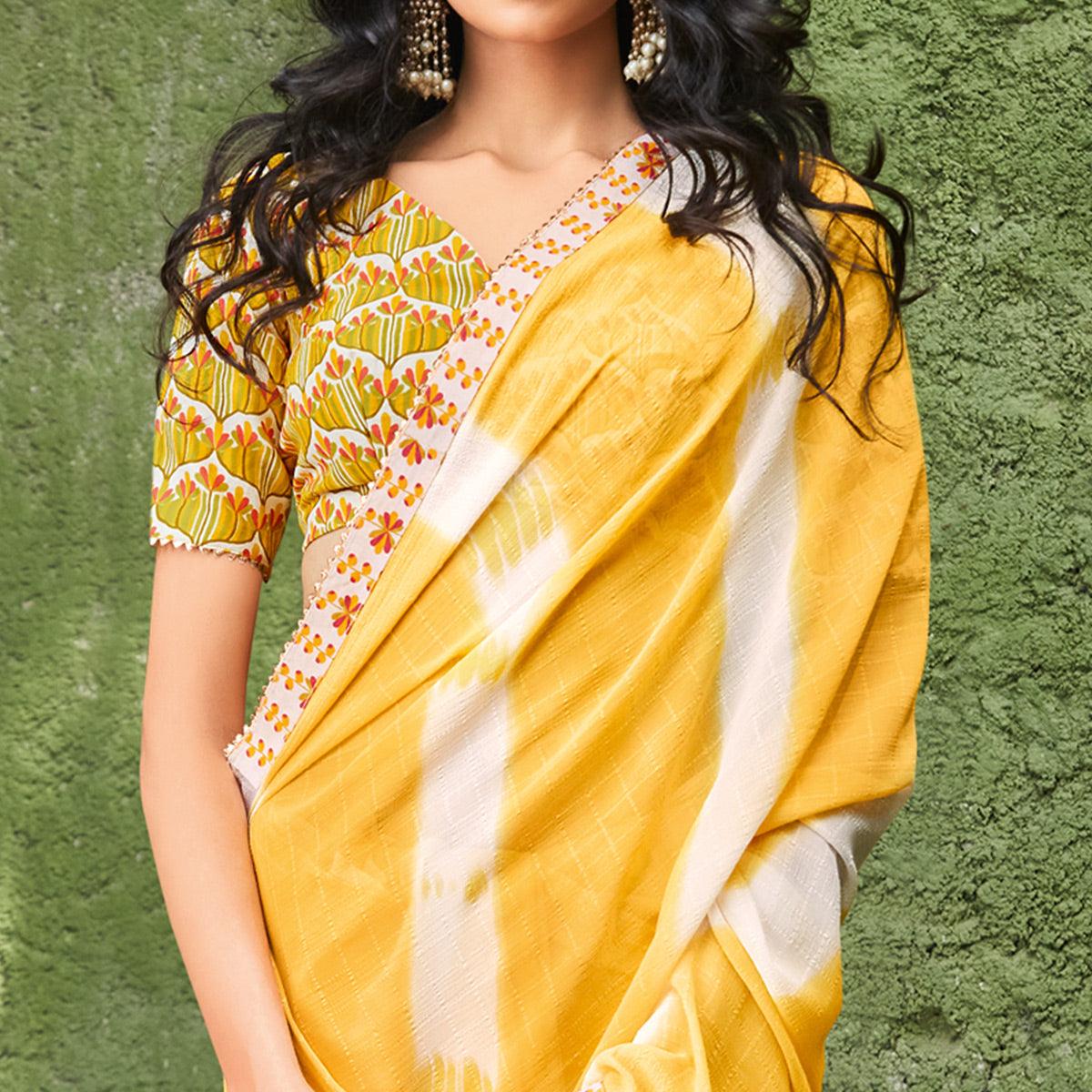 Yellow Printed With Gota Patti Border Georgette Saree - Peachmode