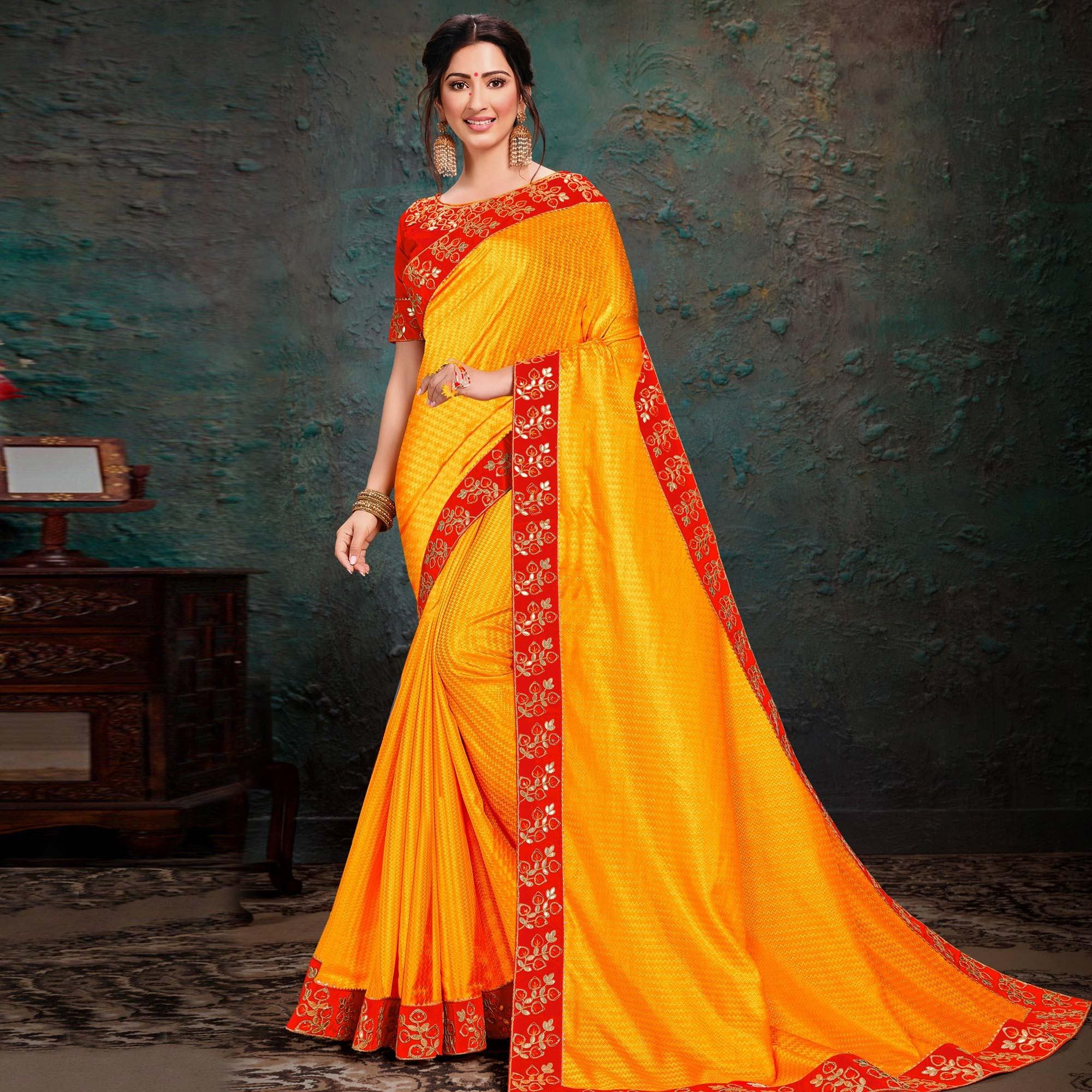 Yellow Printed With Gota Work Art Silk Saree - Peachmode