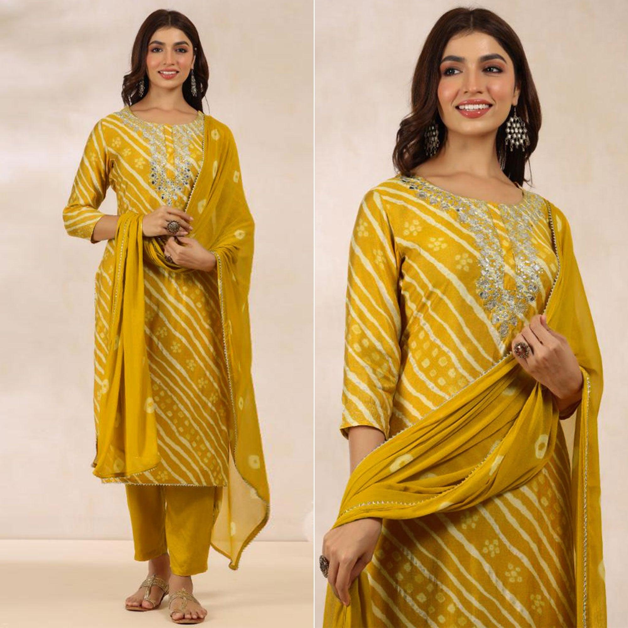 Yellow Printed With Gota Work Muslin Kurti Pant Set With Dupatta - Peachmode