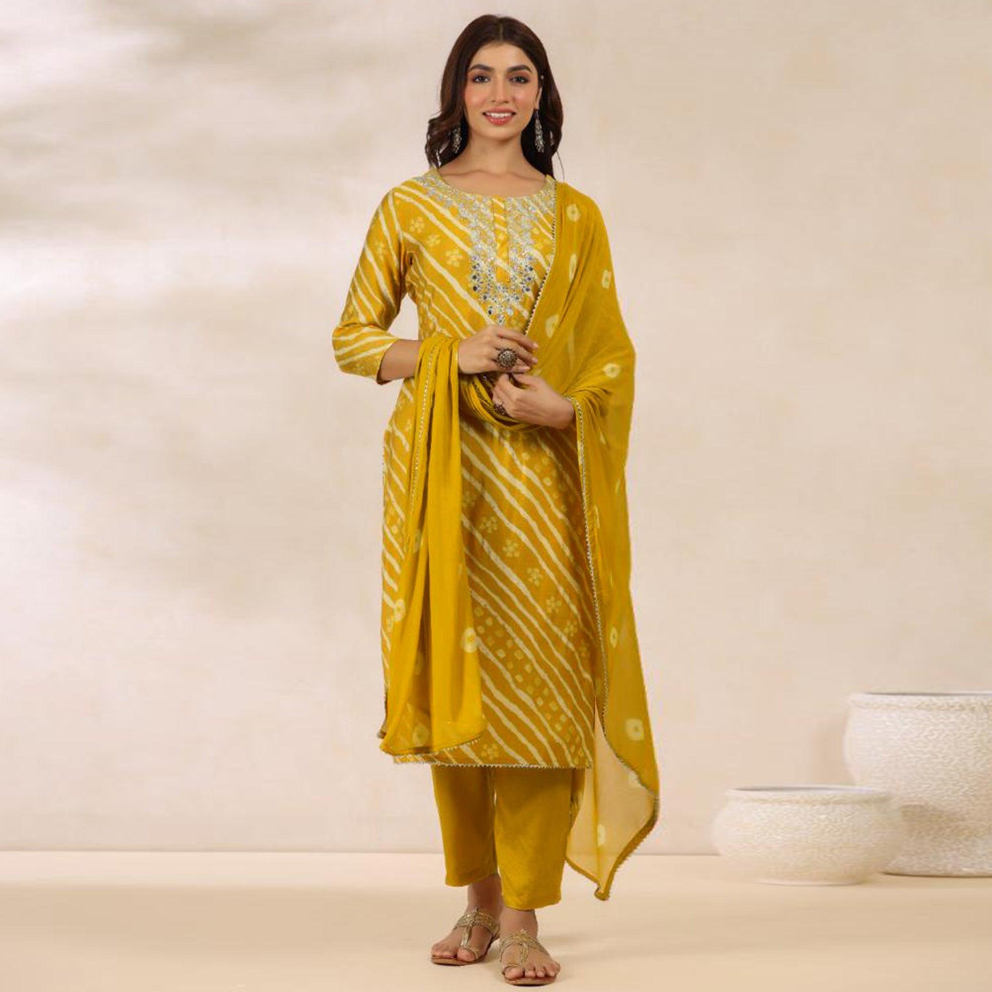 Yellow Printed With Gota Work Muslin Kurti Pant Set With Dupatta - Peachmode