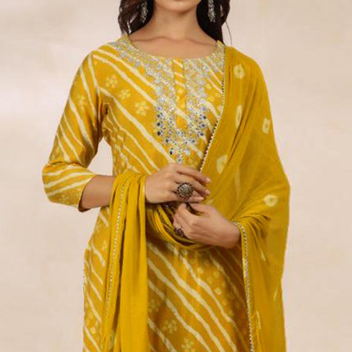 Yellow Printed With Gota Work Muslin Kurti Pant Set With Dupatta - Peachmode