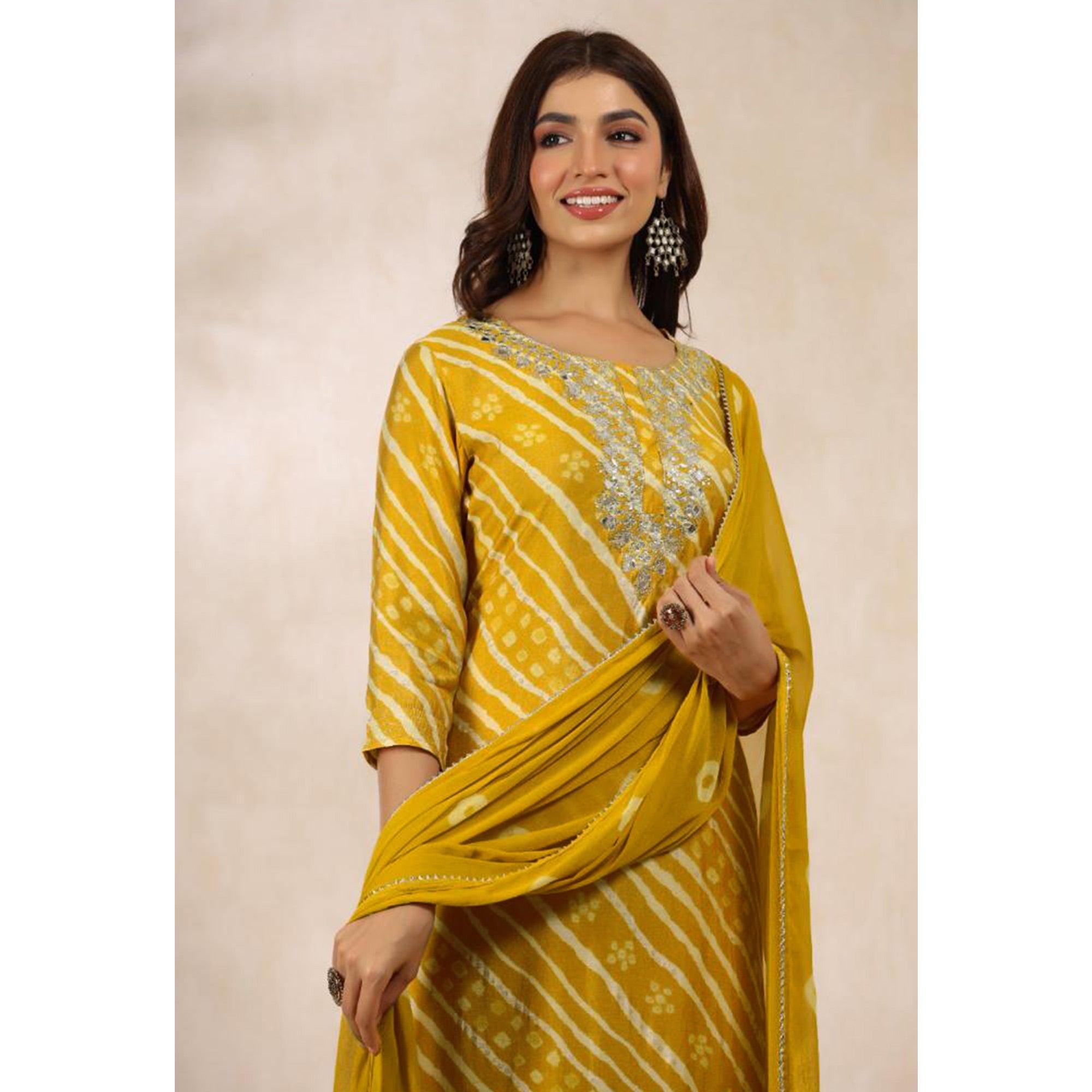 Yellow Printed With Gota Work Muslin Kurti Pant Set With Dupatta - Peachmode