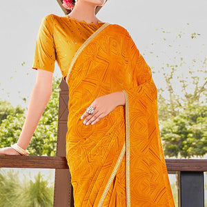 Yellow Printed With Sequence Embroidered Border Georgette Saree - Peachmode