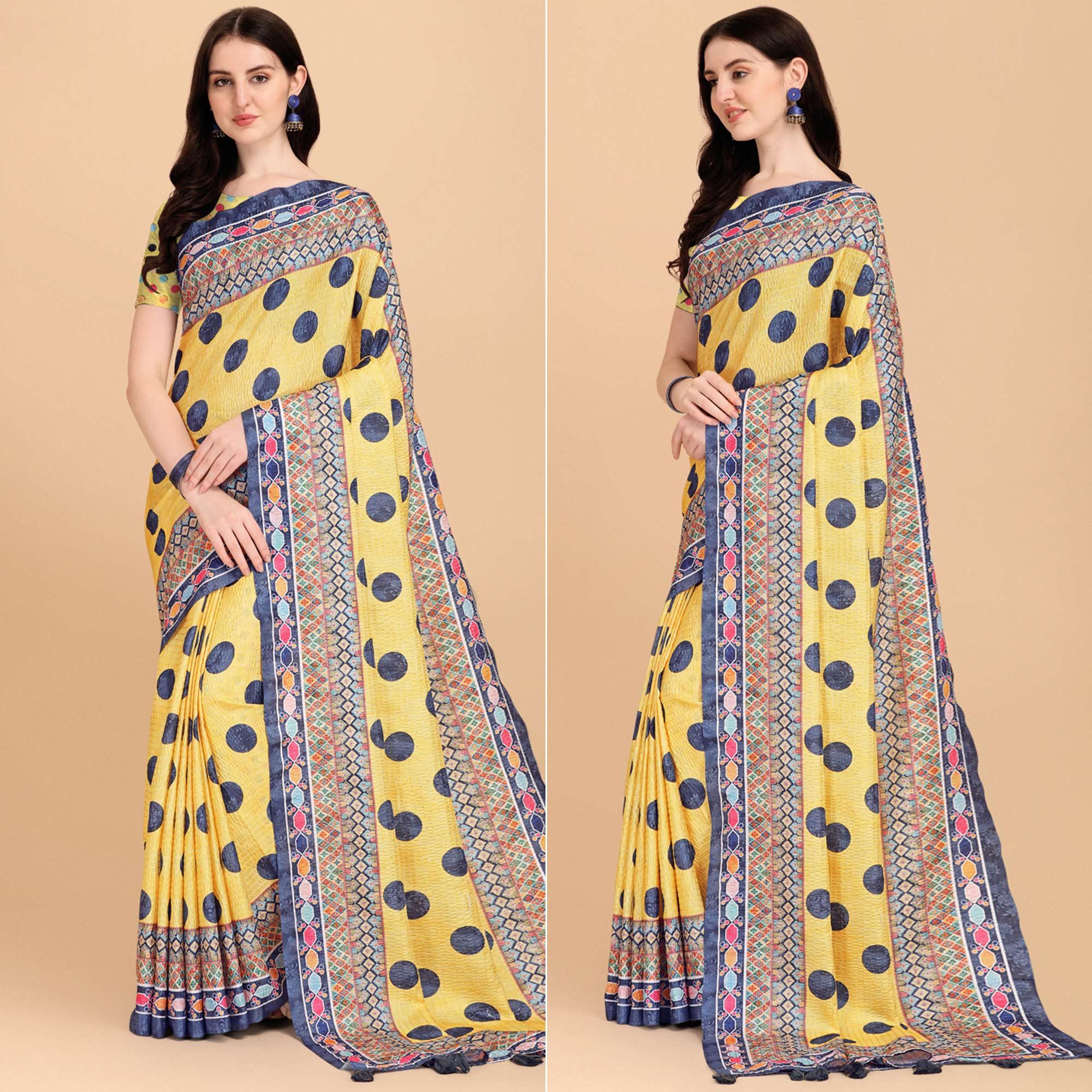 Yellow Printed With Sequence Embroidered Cotton Silk Saree - Peachmode