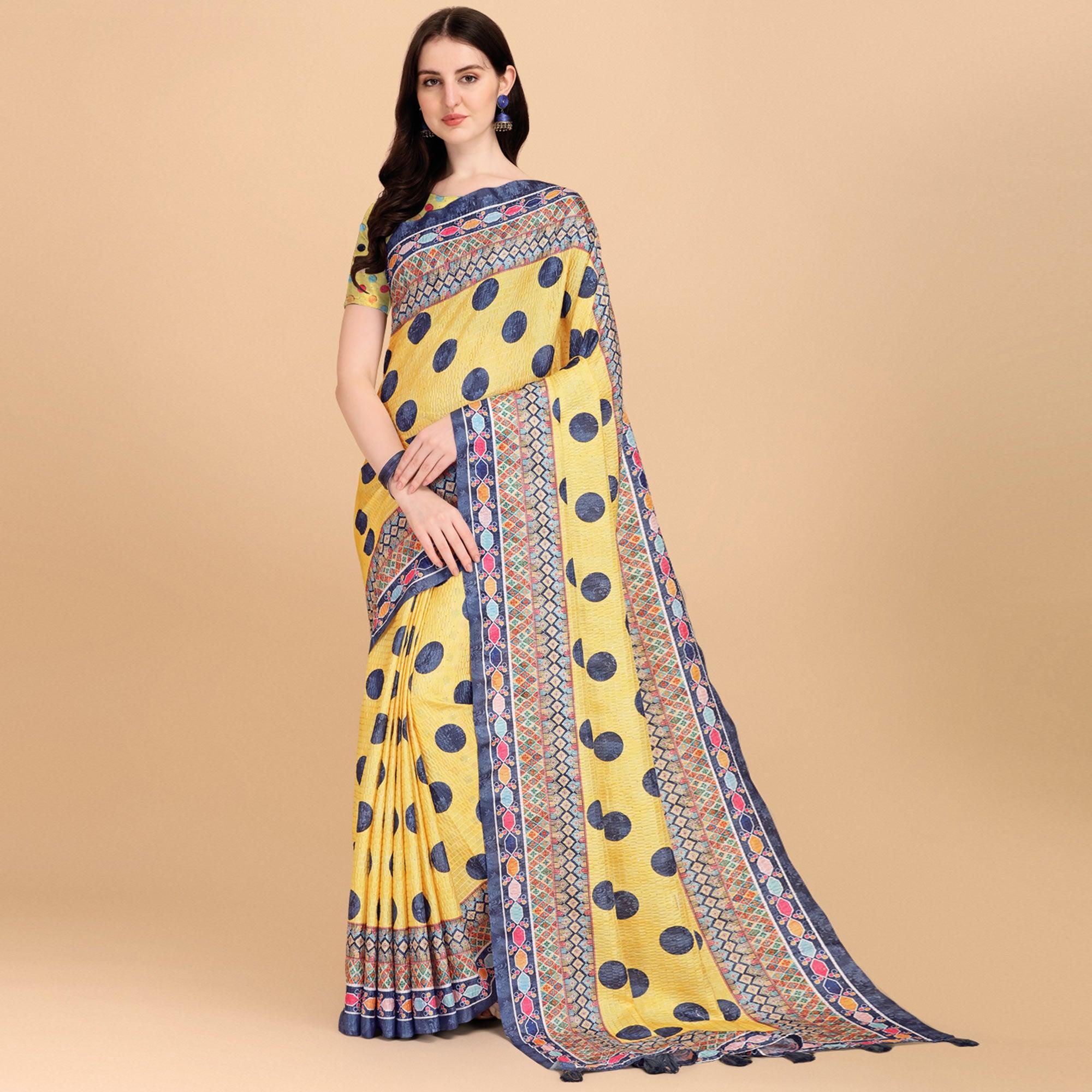 Yellow Printed With Sequence Embroidered Cotton Silk Saree - Peachmode
