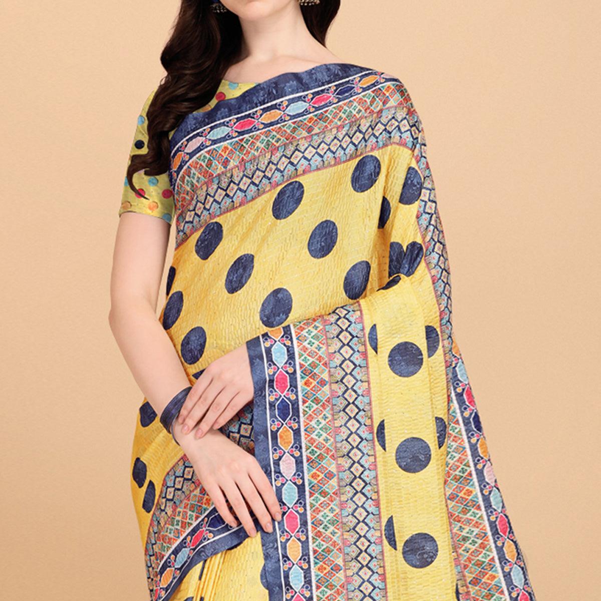 Yellow Printed With Sequence Embroidered Cotton Silk Saree - Peachmode