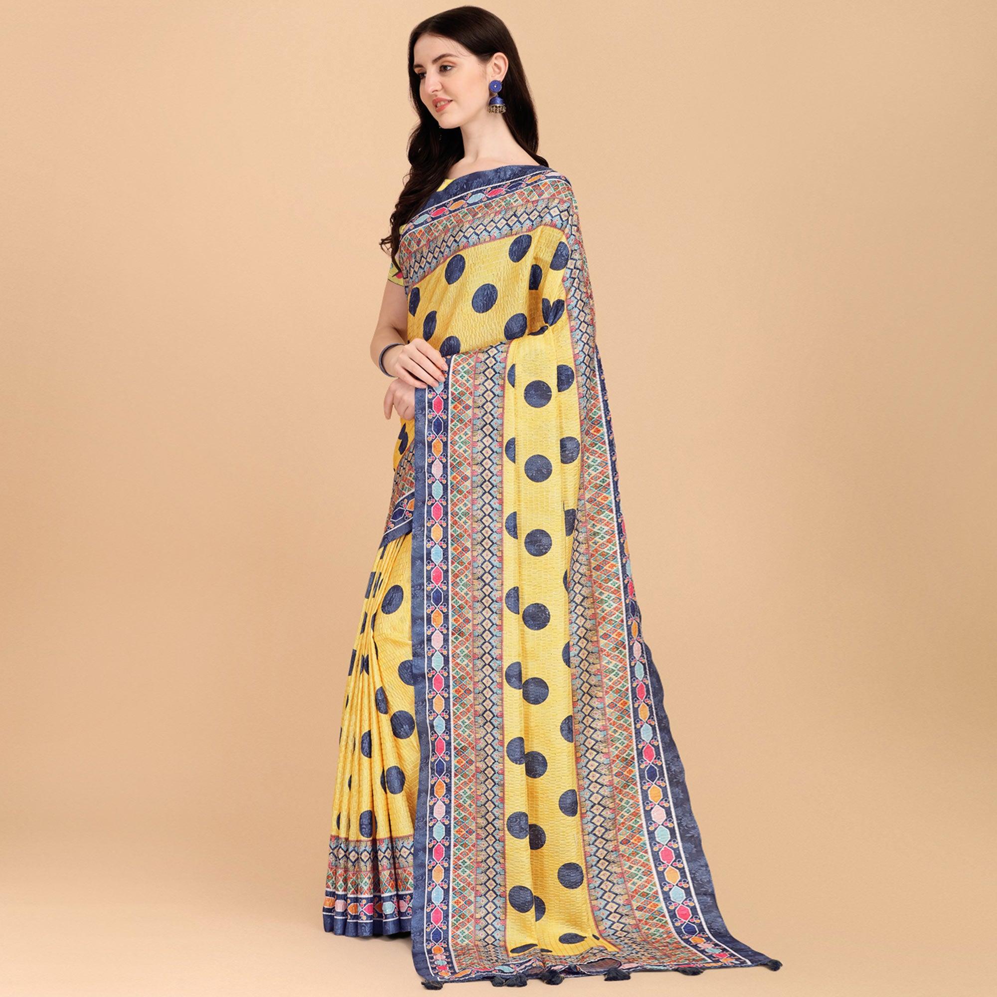 Yellow Printed With Sequence Embroidered Cotton Silk Saree - Peachmode