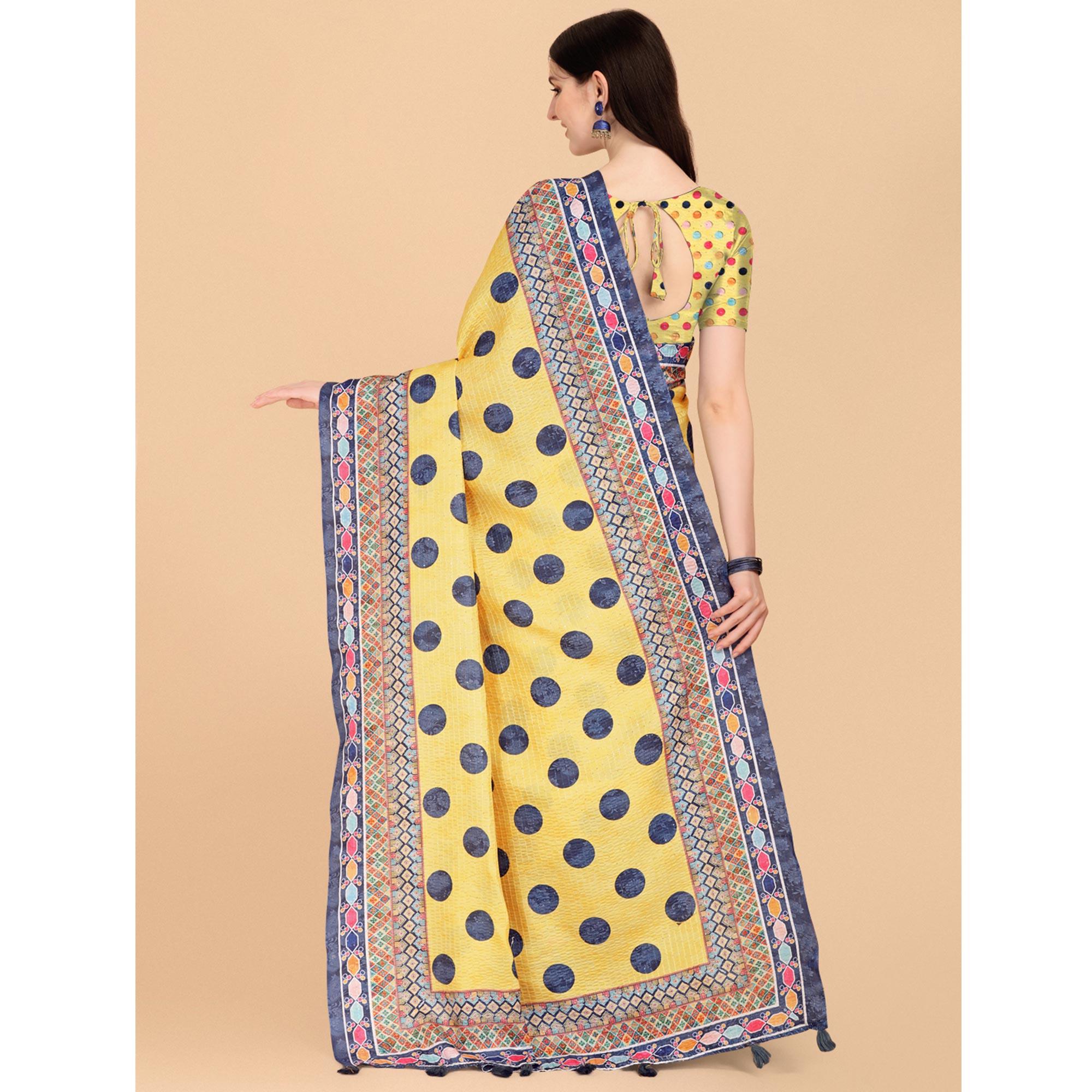 Yellow Printed With Sequence Embroidered Cotton Silk Saree - Peachmode