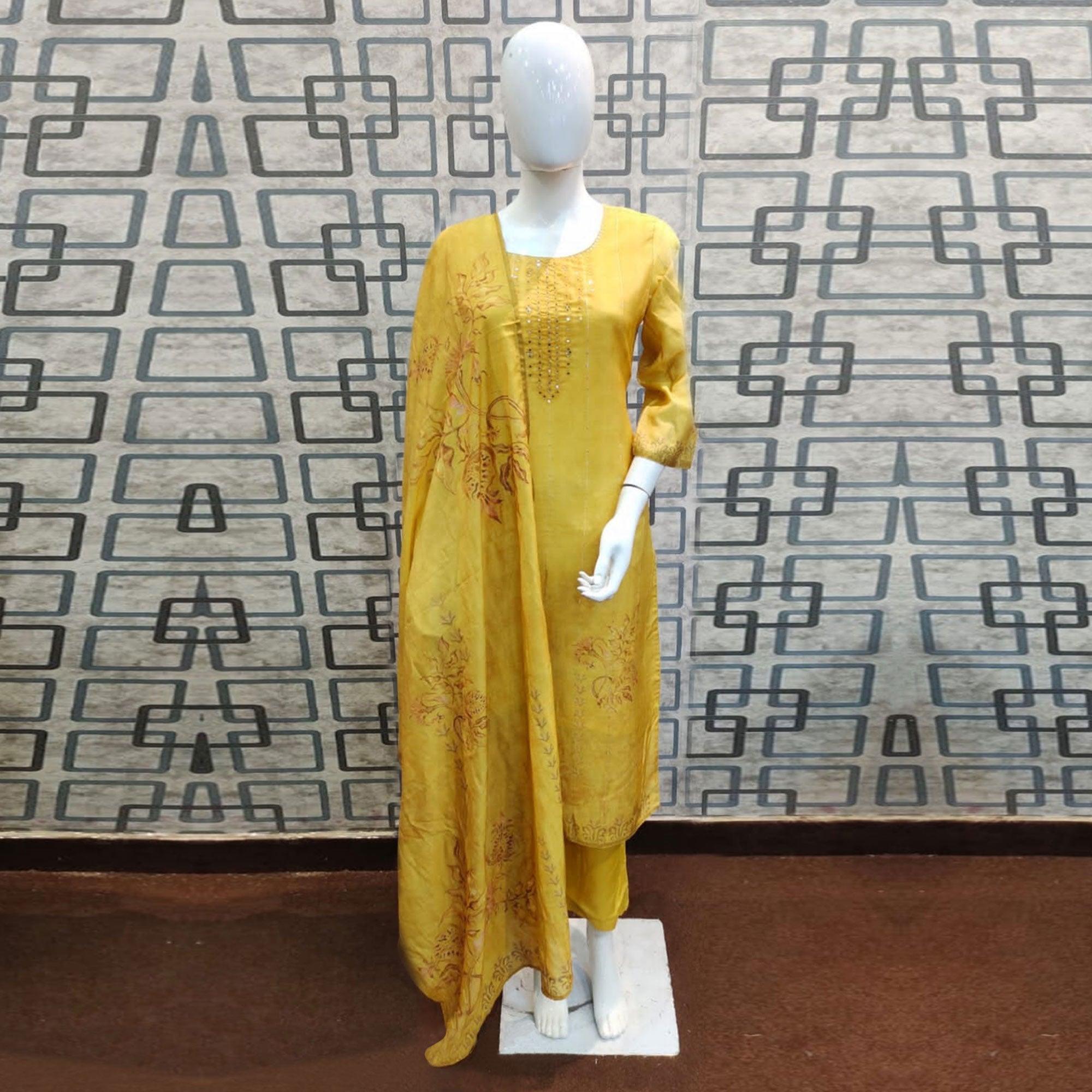 Yellow Printed With Sequence Embroidered Pure Cotton Salwar Suit - Peachmode