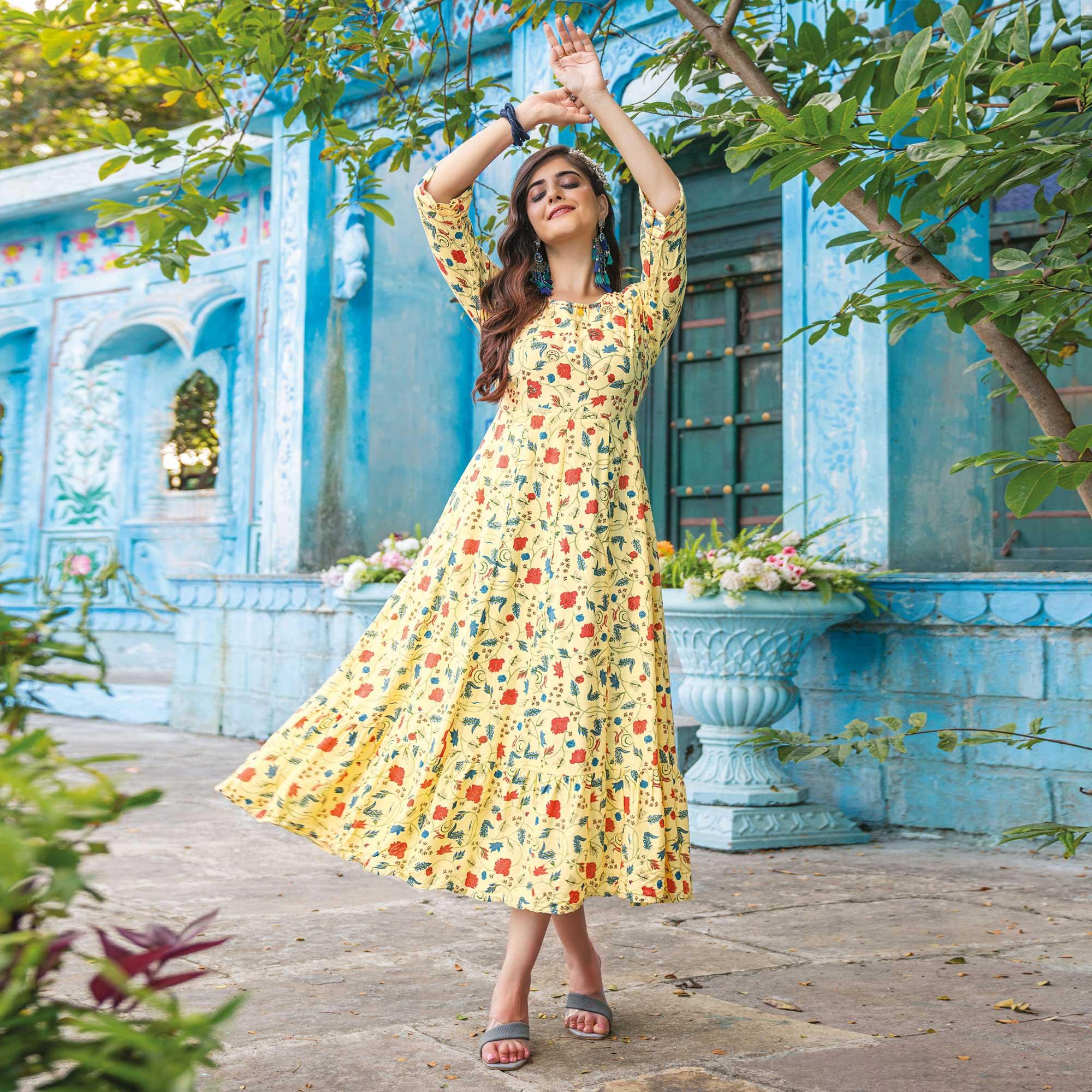 Yellow Printed With Sequence Embroidered Rayon Kurti - Peachmode