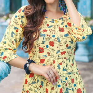 Yellow Printed With Sequence Embroidered Rayon Kurti - Peachmode
