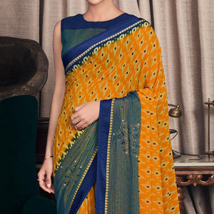 Yellow Printed With Swarovski Work Georgette Saree - Peachmode