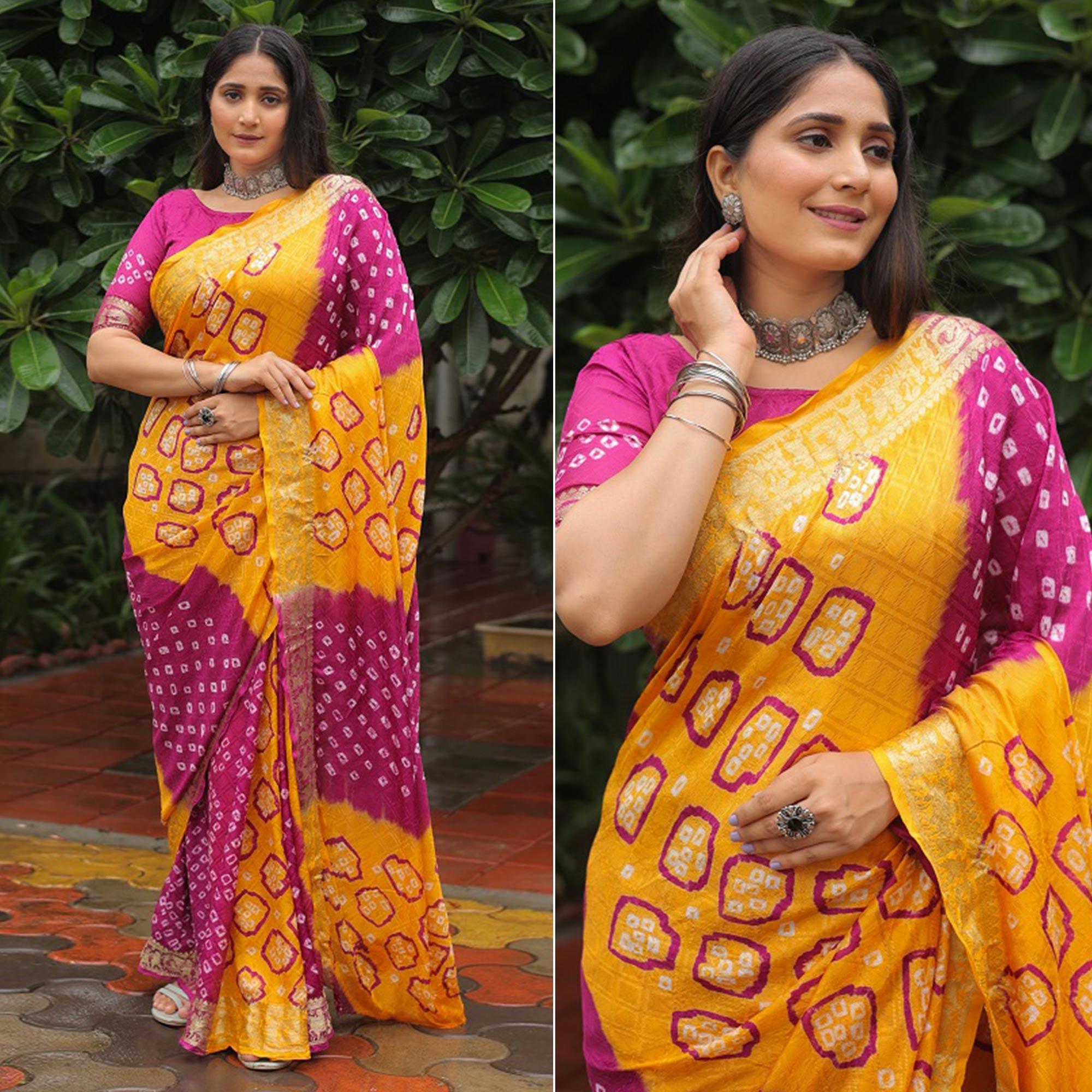 Yellow-Purple Bandhani Printed With Woven Border Art Silk Saree - Peachmode