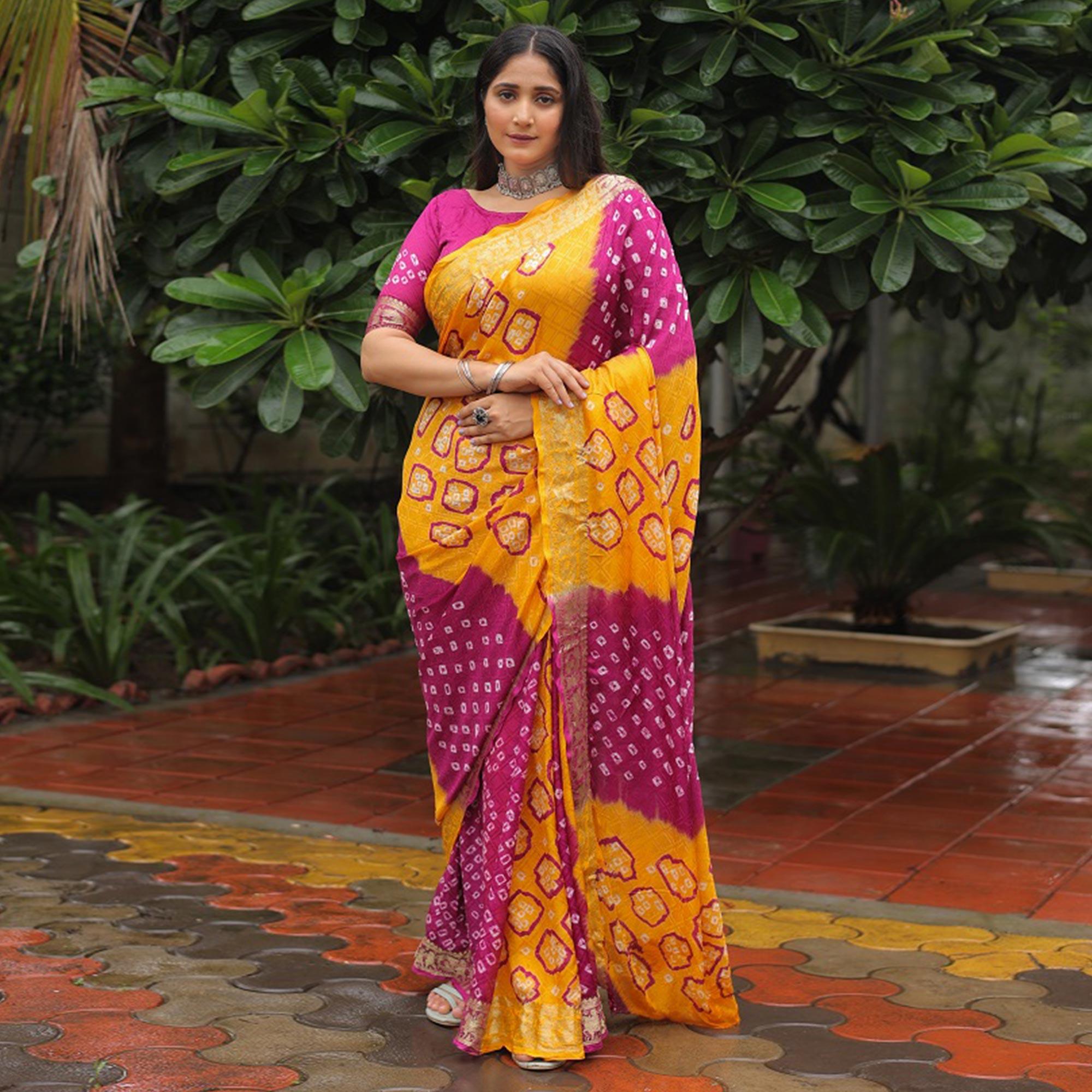 Yellow-Purple Bandhani Printed With Woven Border Art Silk Saree - Peachmode