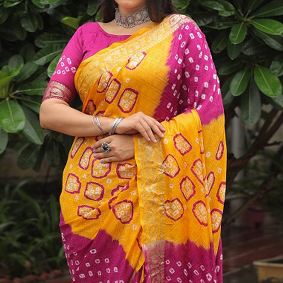 Yellow-Purple Bandhani Printed With Woven Border Art Silk Saree - Peachmode