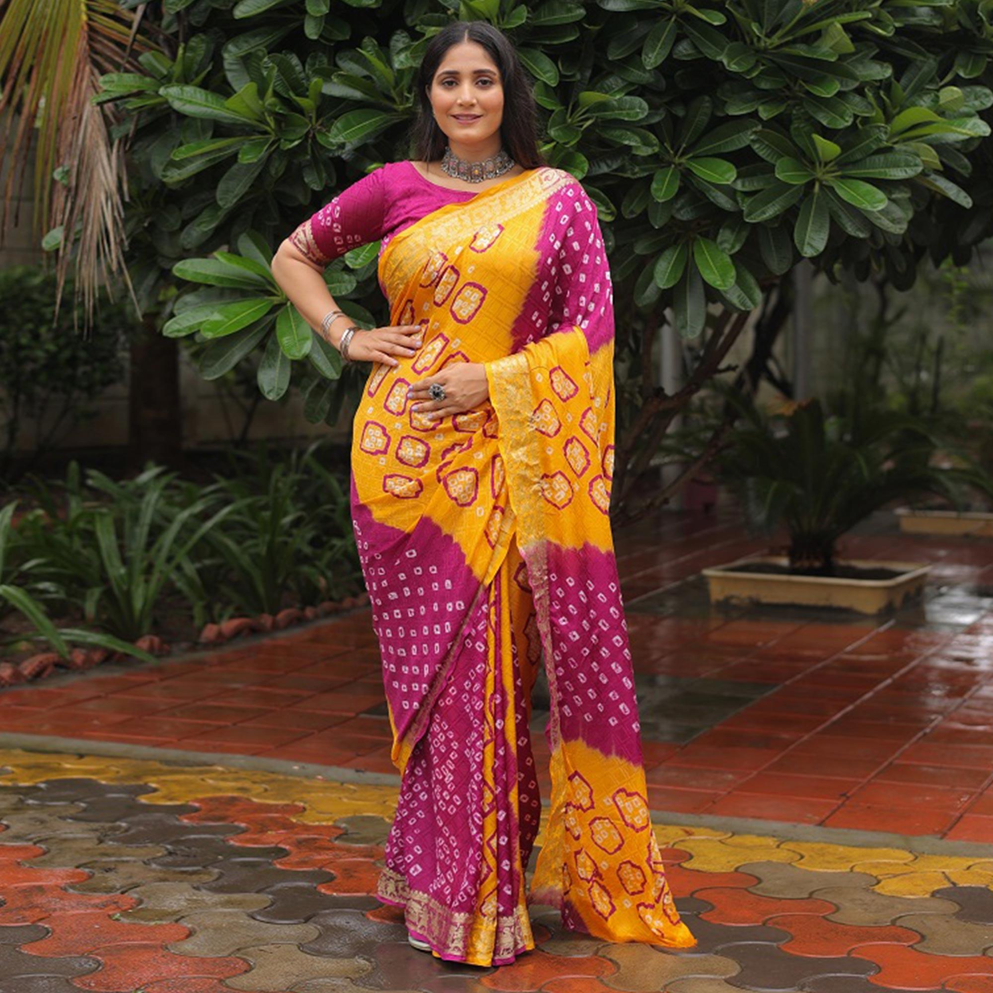 Yellow-Purple Bandhani Printed With Woven Border Art Silk Saree - Peachmode