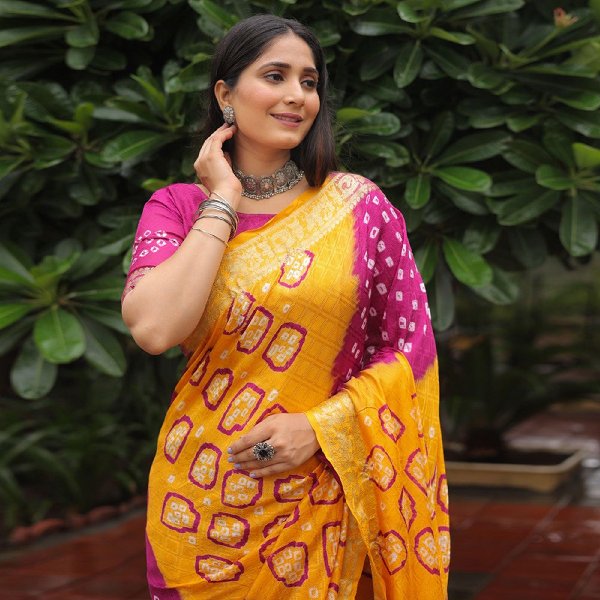 Yellow-Purple Bandhani Printed With Woven Border Art Silk Saree - Peachmode