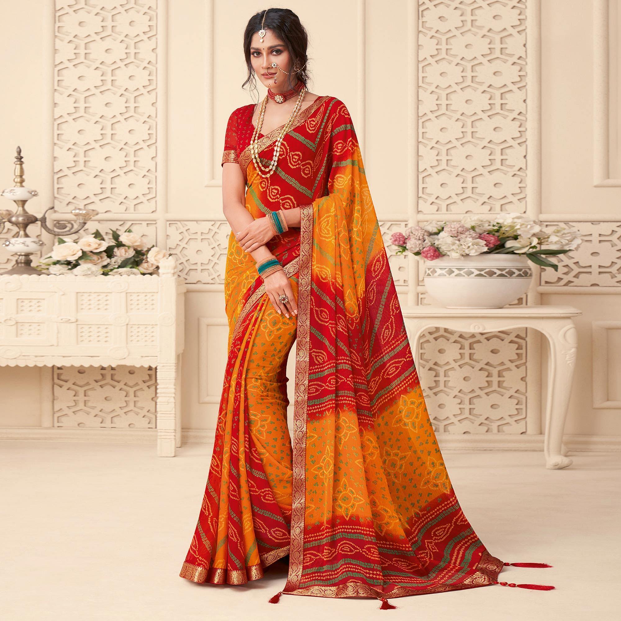 Yellow-Red Bandhani Printed Chiffon Saree With Tassels - Peachmode