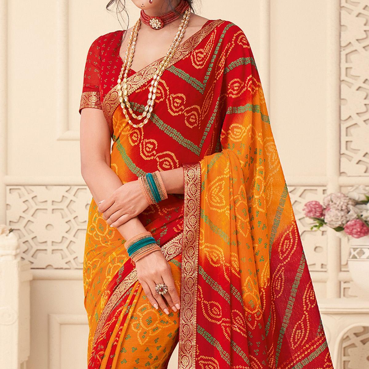 Yellow-Red Bandhani Printed Chiffon Saree With Tassels - Peachmode