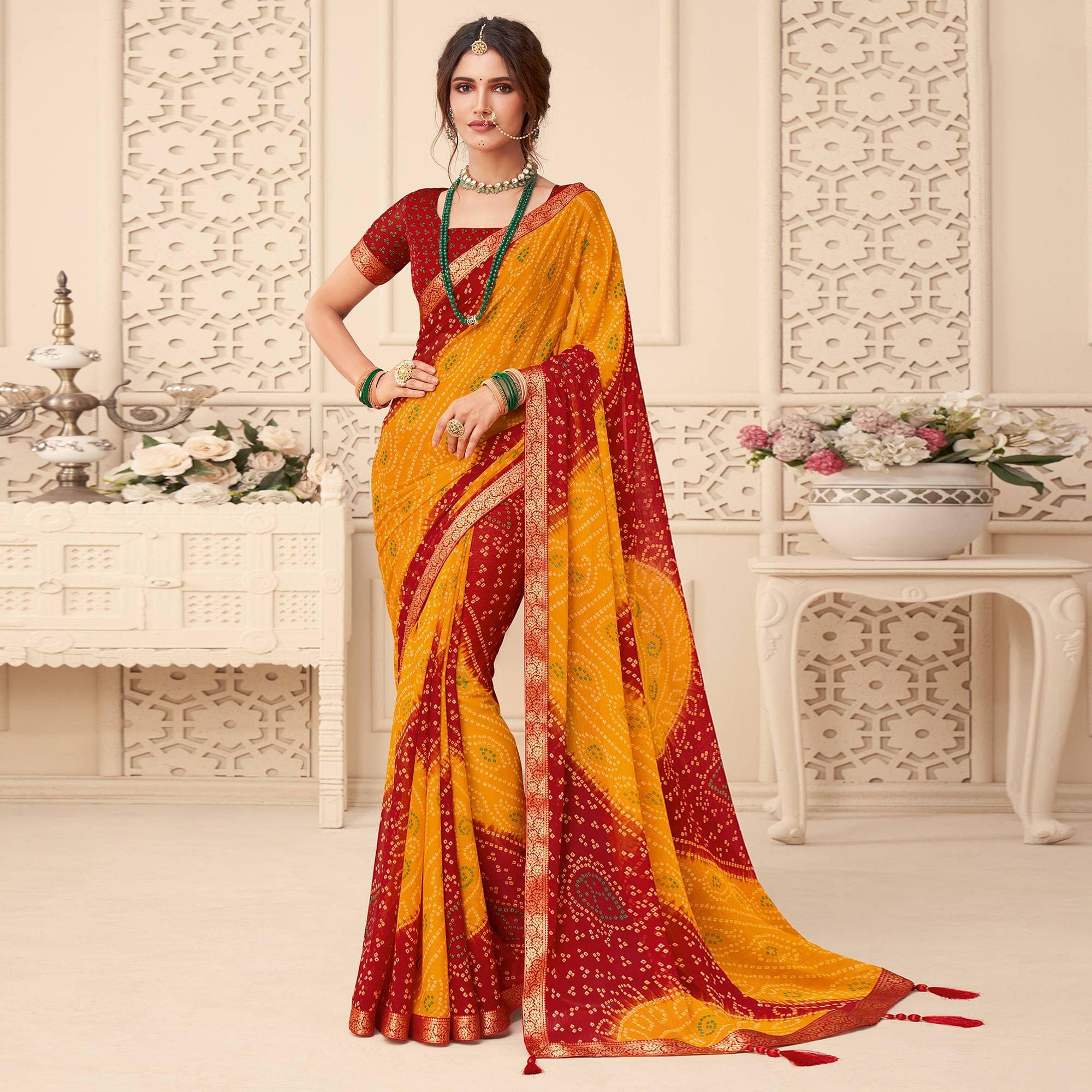 Yellow-Red Casual Wear Bandhani Printed Chiffon Saree With Tassels - Peachmode