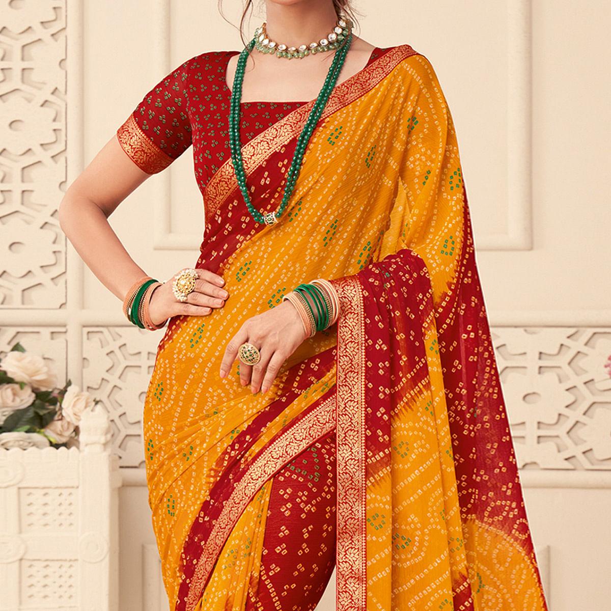 Yellow-Red Casual Wear Bandhani Printed Chiffon Saree With Tassels - Peachmode