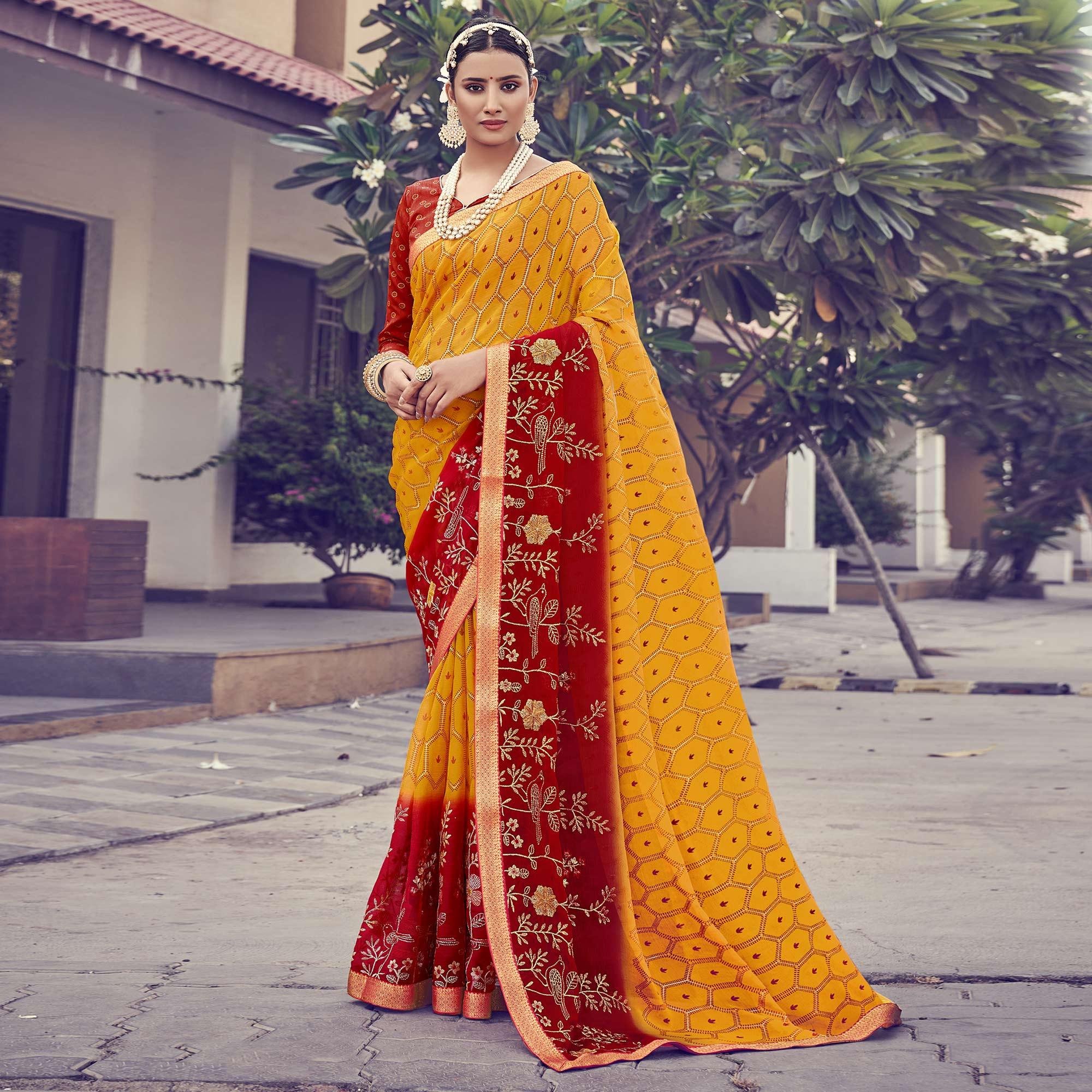 Yellow - Red Floral Embroidered With Foil Printed Chiffon Half & Half Saree - Peachmode