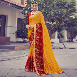 Yellow - Red Floral Embroidered With Foil Printed Chiffon Half & Half Saree - Peachmode