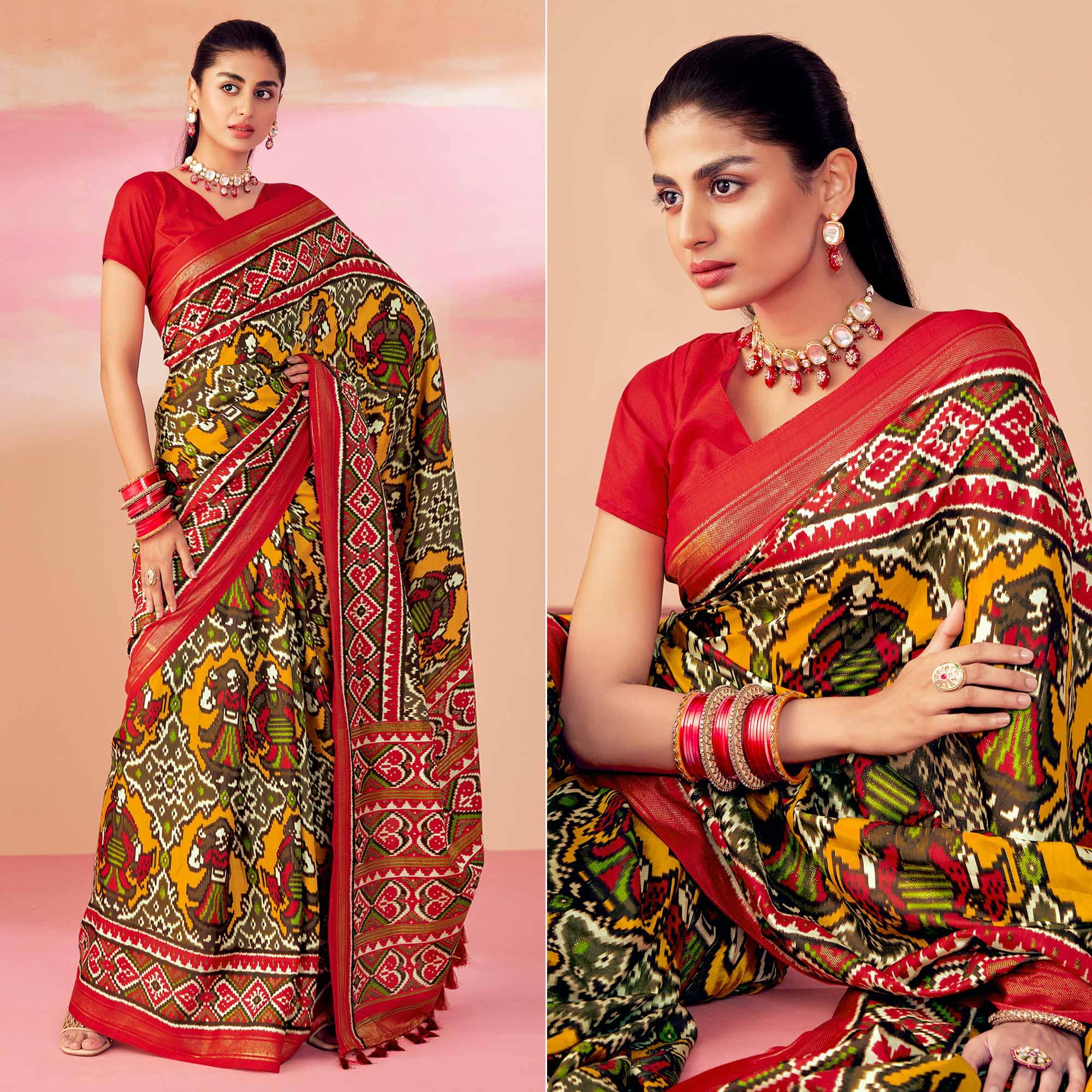 Yellow-Red Patola Printed Art Silk Saree With Tassels - Peachmode