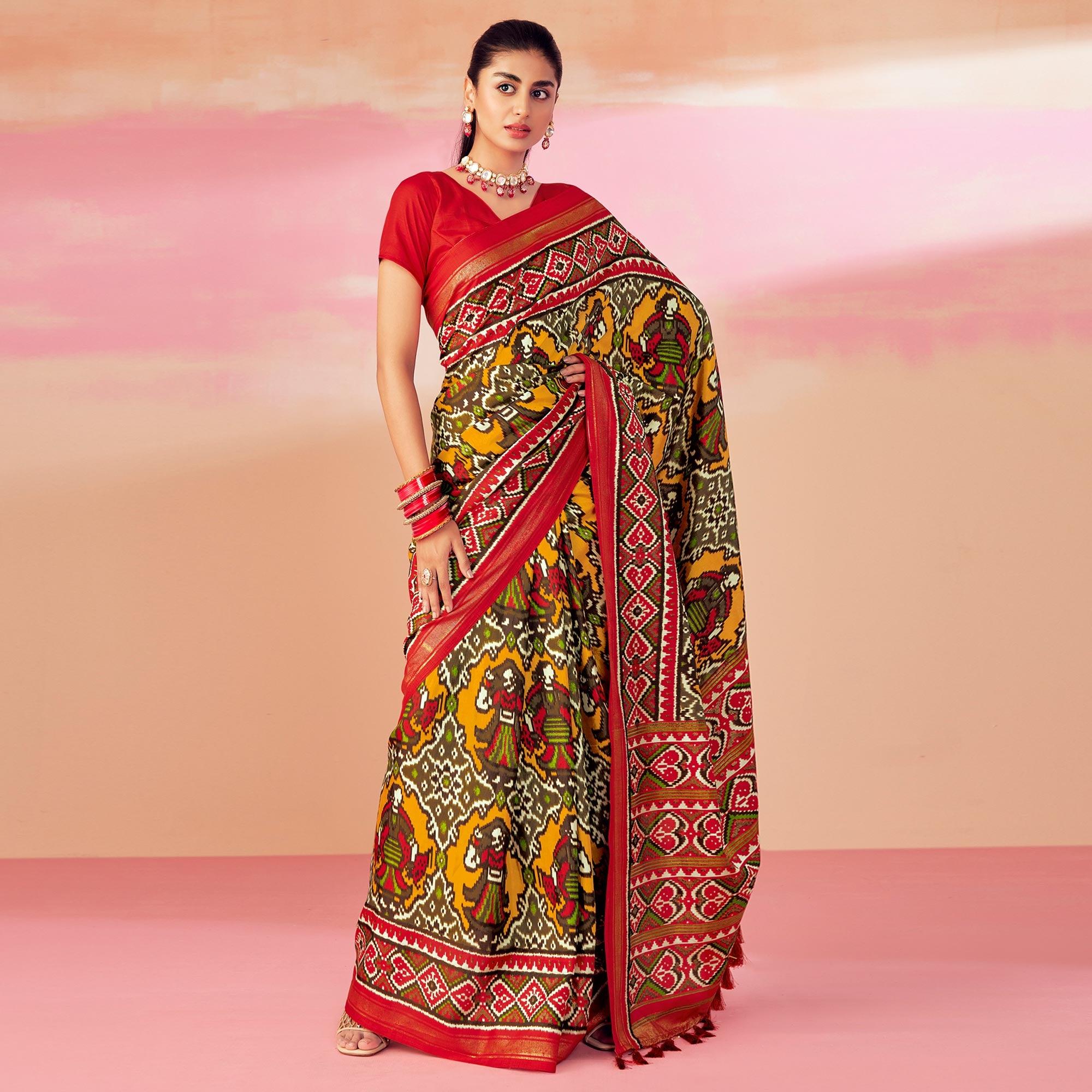 Yellow-Red Patola Printed Art Silk Saree With Tassels - Peachmode